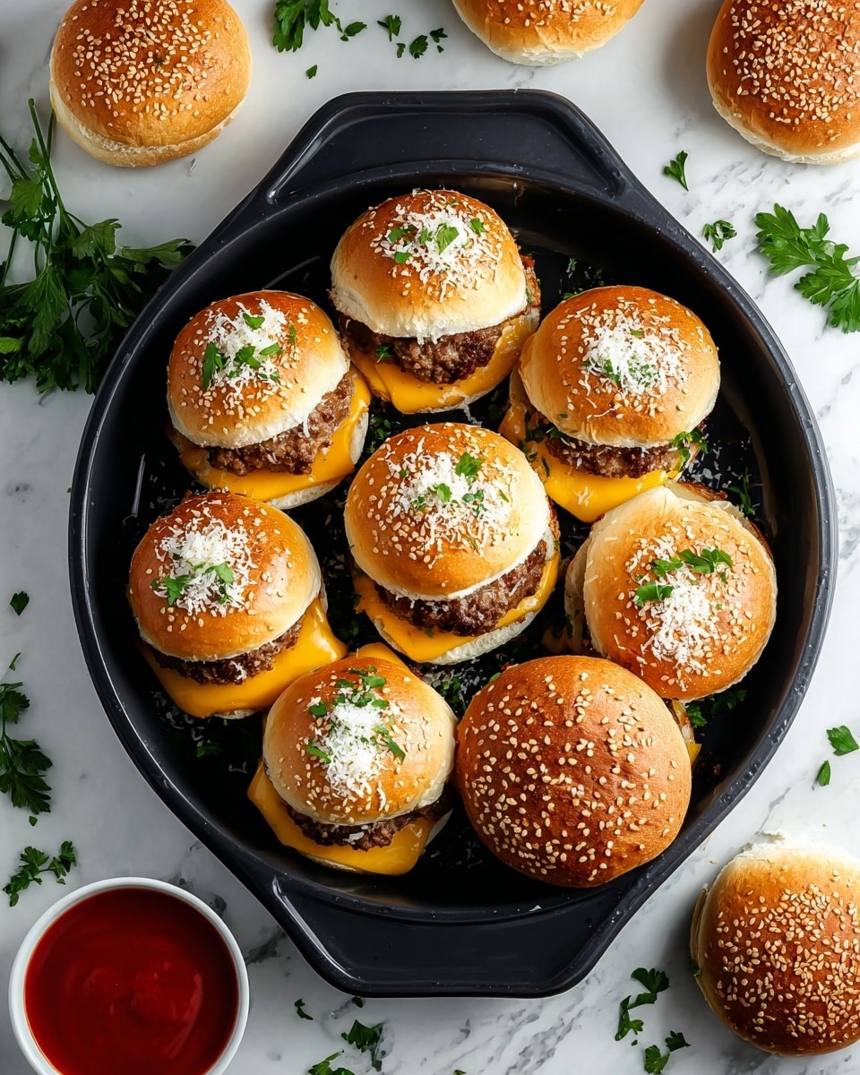 This image shows four browned meat patties on a metal baking tray, each topped with a thick layer of melted white cheese that drips over the sides. The patties have a slightly charred texture with a dark brown color. On top of the cheese, small pieces of fresh green herbs are scattered, adding a splash of color. The tray has some oil stains, and the background is a white marbled texture. photo taken with an iphone --ar 4:5 --v 7