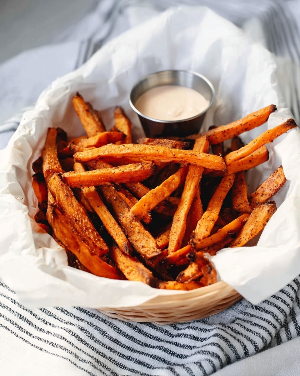 A black basket lined with white parchment paper holds a pile of golden-orange sweet potato fries seasoned with small black specks of pepper. The fries look crunchy with some darker edges and are piled unevenly, showing different sizes and lengths. At the top of the fries, there is a small round white bowl filled with creamy light beige dipping sauce. The basket sits on a white marbled surface with part of a black and white striped cloth visible in the corner. photo taken with an iphone --ar 4:5 --v 7