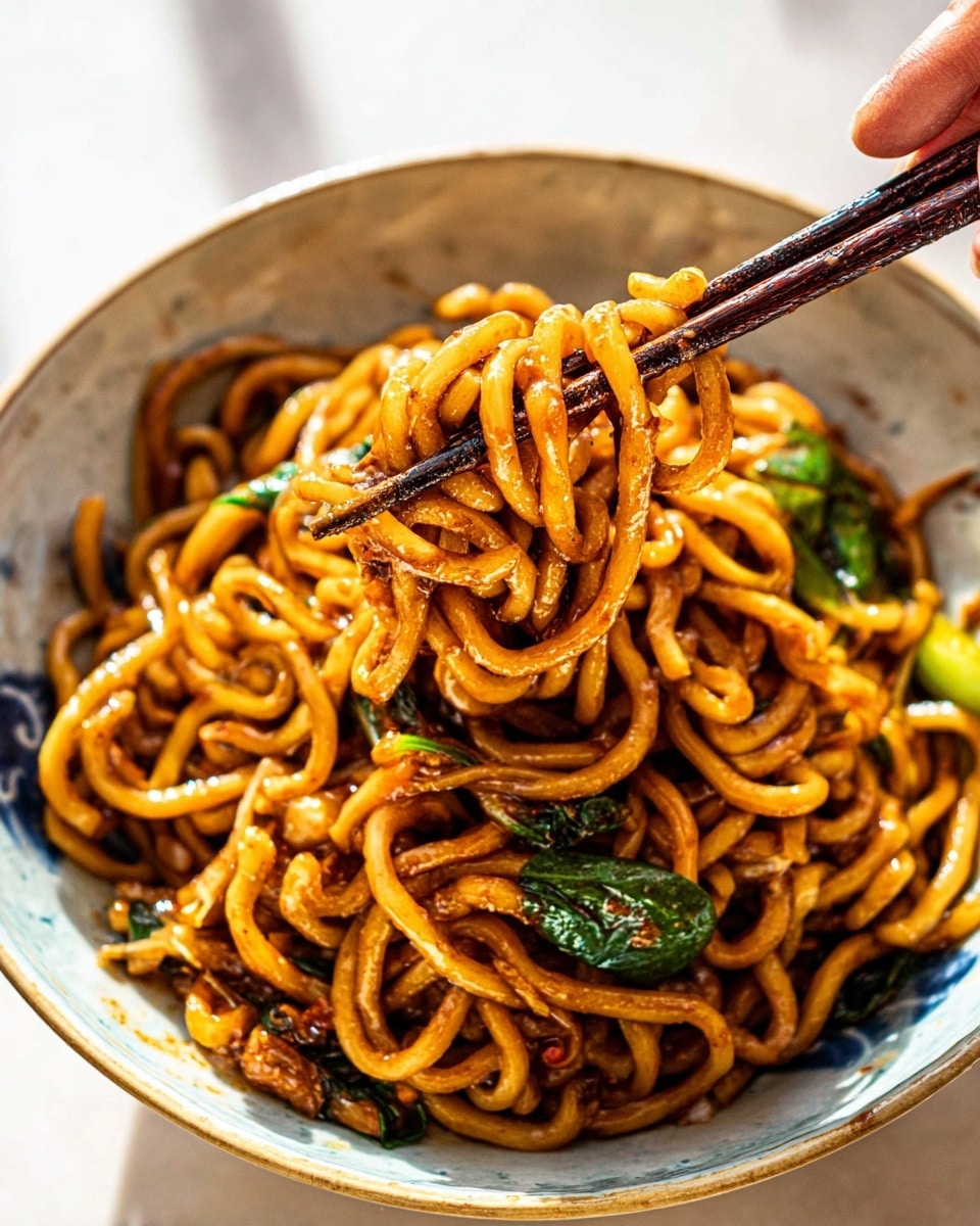 A close-up view of thick yellow-brown noodles coated in a shiny dark sauce, lifted by dark brown chopsticks with the woman’s hand out of focus at the top right; inside a white bowl filled with a mix of noodles, small bits of minced brown meat, and bright green leafy vegetables scattered throughout, all set on a white marbled surface, photo taken with an iphone --ar 4:5 --v 7