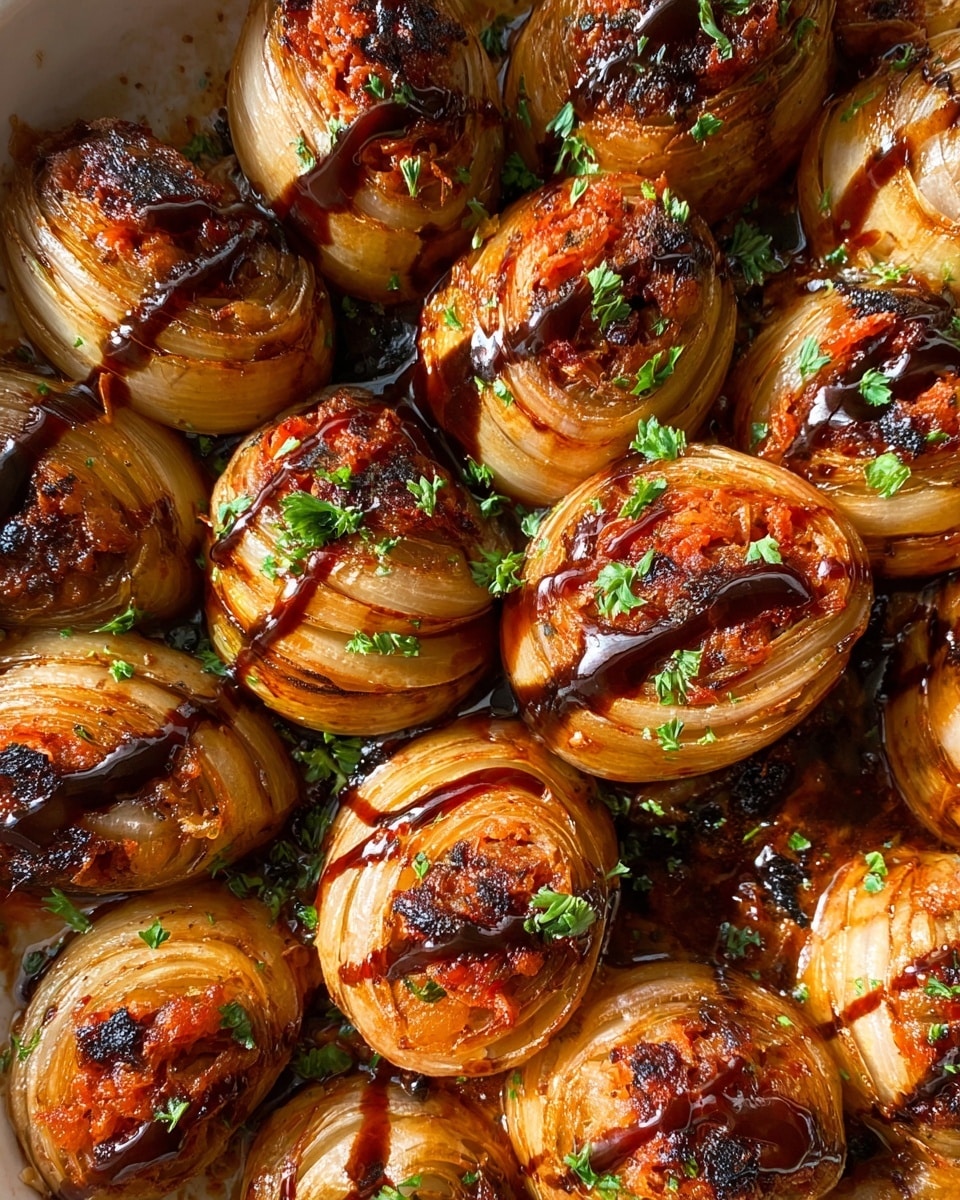 The image shows one large layer of roasted stuffed onions arranged tightly in a white dish, each onion golden brown with some charred marks on the surface, revealing a reddish-orange filling inside. The onions are drizzled with a dark balsamic glaze in thin stripes and garnished with small pieces of green herbs scattered evenly over the top. The dish rests on a white marbled surface, creating a clean and bright setting. Photo taken with an iphone --ar 4:5 --v 7