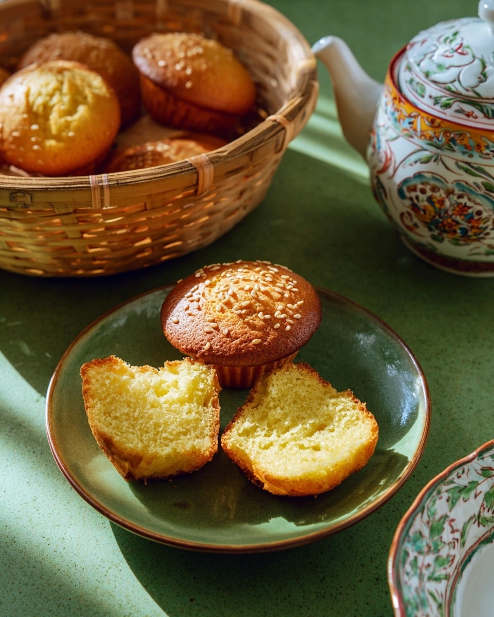A woven bamboo basket filled with six golden-brown cupcakes, each topped with a scattering of white sesame seeds. The cupcakes have a smooth, slightly domed top with a light crust around the edges and a soft yellow interior visible on some tops. The basket shows a crisscross pattern and natural wooden texture, and it is placed on a white marbled surface. To the left side of the basket, there is a porcelain container with a floral and decorative pattern that is partly visible. photo taken with an iphone --ar 4:5 --v 7