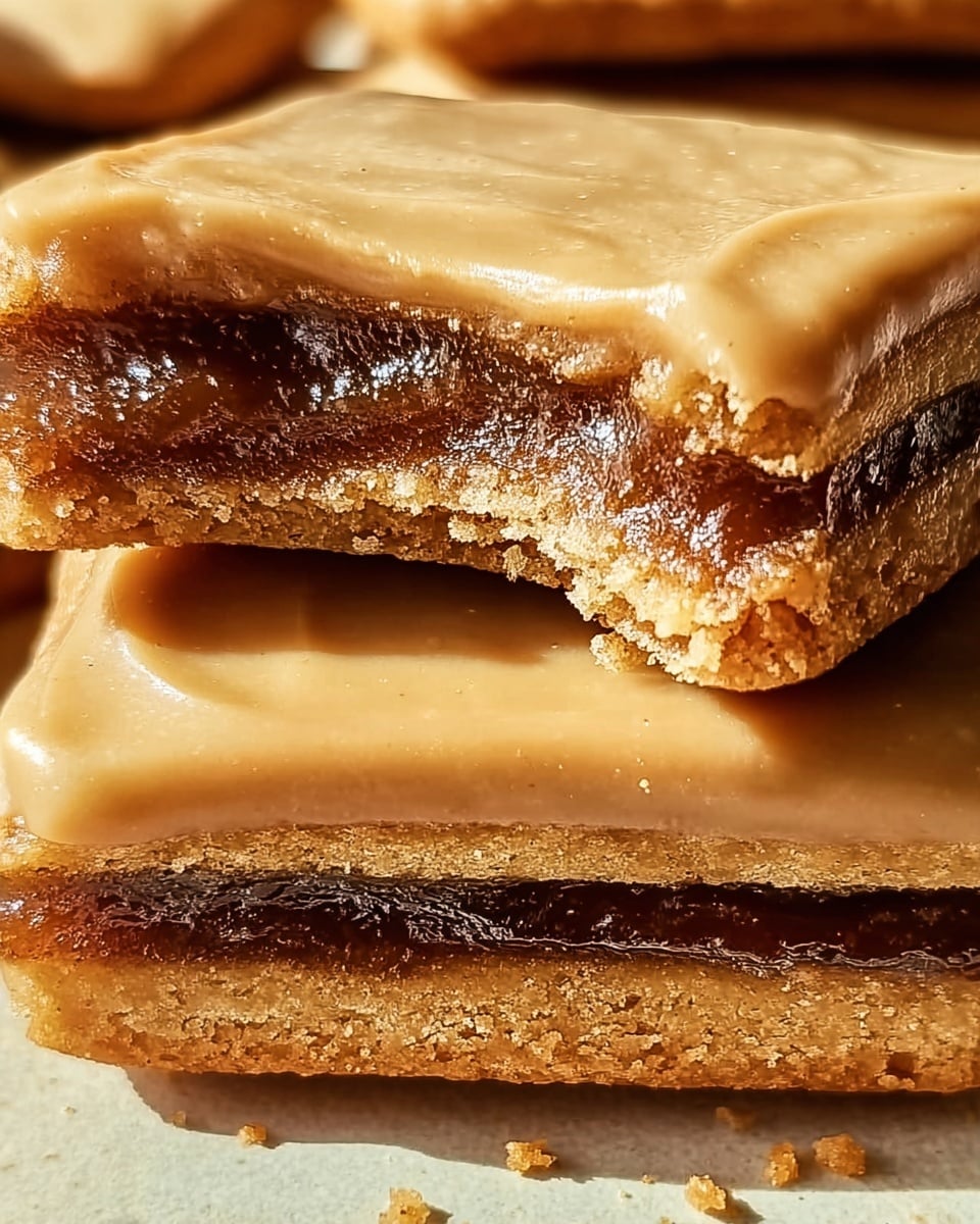 A close-up view of a stack of two thick, soft cookies on a white marbled surface, with the top cookie split in half revealing a rich, dark cinnamon-sugar filling inside. The bottom cookie is whole and coated with a smooth, light brown glaze that has a creamy texture. Cookie crumbs are scattered around, adding texture and detail to the scene. The background shows a blurred glass of milk and a light brown container, all set against a white marbled surface. photo taken with an iphone --ar 4:5 --v 7