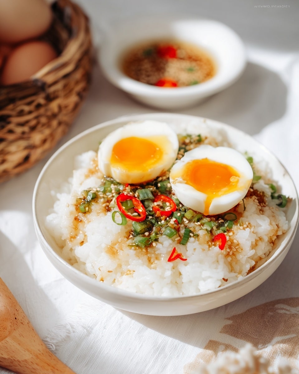 A white bowl filled with a base layer of white rice topped with a sauce mixed with small green herbs and thin slices of bright red chili peppers scattered throughout, adding color contrast. On top, two halves of a soft boiled egg with firm white edges and a vibrant, shiny orange yolk that slightly runs over the rice. The scene includes a blurred white bowl in the background and rests on a white marbled surface with a woven basket edge visible behind. Photo taken with an iphone --ar 4:5 --v 7