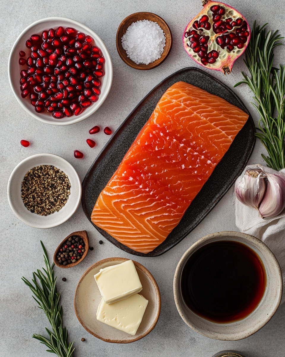 A large cooked salmon fillet with a pink-orange color forms the base layer on a white plate. On top, there is a thick dark brown sauce spread down the middle, covered in bright red pomegranate seeds and small chopped green herbs for texture. Light brown crushed nuts are scattered evenly over the sauce and around the fish on the plate. Two green rosemary sprigs rest near one side of the salmon, with three orange slices placed behind the fish. The whole dish sits on a white marbled surface. photo taken with an iphone --ar 4:5 --v 7