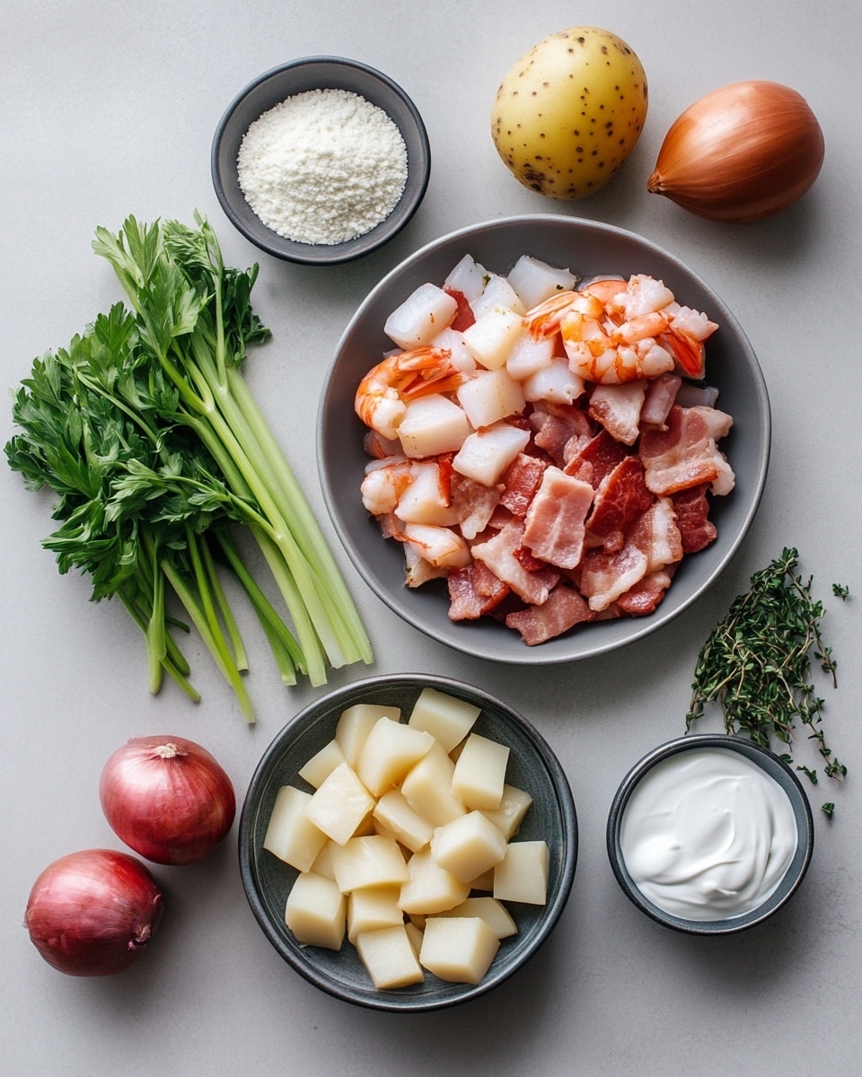 A large light blue pot filled with creamy soup showing three main layers: the thick yellowish cream broth dotted with small green herbs on top, medium-sized chunks of red potatoes with cream-colored insides mixed throughout, and pink shrimp partially visible inside the soup. The soup is sprinkled with chopped green parsley on the surface. The pot sits on a white marbled surface with two slices of golden toasted bread garnished with small sprigs of parsley at the bottom left and round salted crackers partially visible at the bottom right. A red and white striped cloth lies nearby, and a white bowl with green and orange salad is seen at the top right. photo taken with an iphone --ar 4:5 --v 7