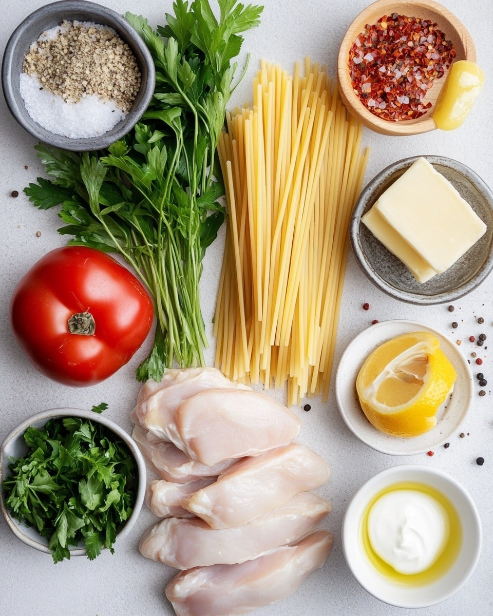 A white shallow bowl holds creamy pasta at the bottom, showing off long, smooth noodles coated with a light orange creamy sauce. On top, there are several pieces of grilled light golden-brown chicken with dark brown grill marks, adding texture. Fresh green herbs are sprinkled on top, providing a touch of color contrast. The bowl sits on a white marbled surface. photo taken with an iphone --ar 4:5 --v 7