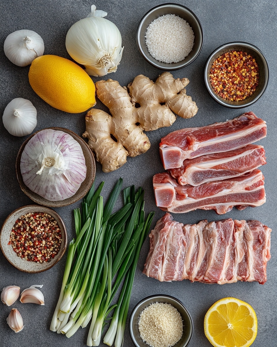 A bowl of soup with three main layers is shown on a white marbled surface. The bottom layer is a rich red broth with oil spots. On top, there are thick white noodles on the right, covering about one-third of the bowl. On the left side, slices of brown cooked meat are neatly placed above the broth. Near the meat, white tofu slices are slightly visible under a generous topping of bright green chopped scallions spread in the center. Next to the bowl, there is a round plate with green and purple leafy herbs, thin slices of red onion, red chili peppers, and lemon wedges. A small brown dish filled with light brown crispy bits is also beside the bowl. Photo taken with an iphone --ar 4:5 --v 7