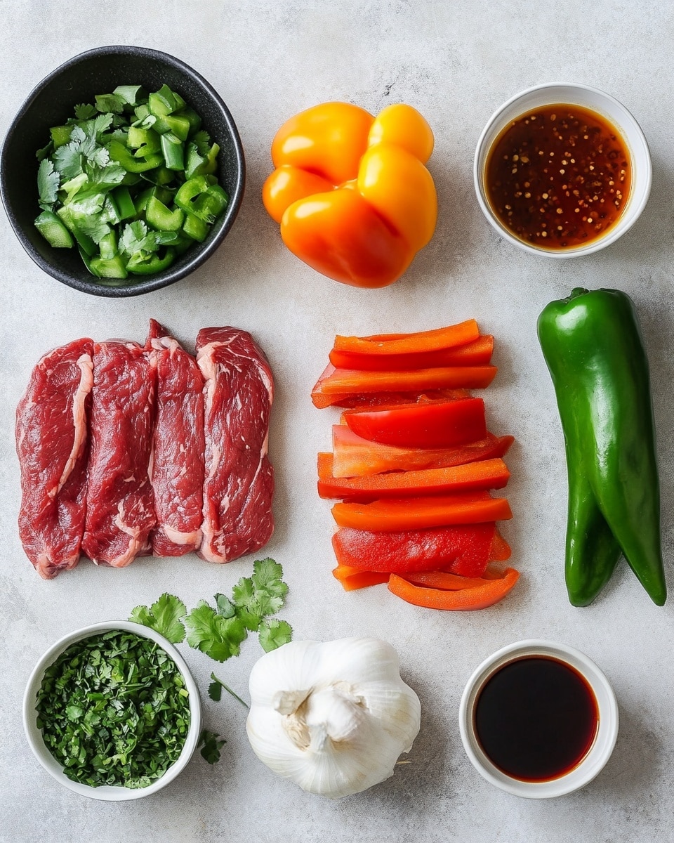The dish shows several thick slices of dark brown beef covered in a shiny, thick sauce. Mixed among the beef are long, thin pieces of bright red and green bell peppers, adding a fresh and crisp look. The beef and peppers fill a round white bowl, and the colors stand out against the white marbled background. The sauce coats everything, giving the dish a rich and moist appearance. Photo taken with an iphone --ar 4:5 --v 7