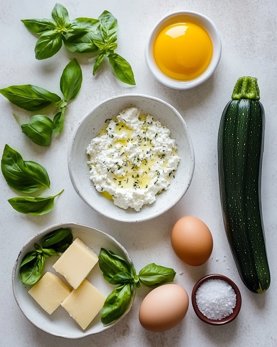 The dish shows a black cast iron pan filled with several pieces of rolled zucchini filled with white cheese, placed on a layer of bright red tomato sauce. Each roll is topped with melted white cheese that looks soft and slightly browned. There are fresh green basil leaves scattered on top, giving a fresh pop of color. The pan sits on a light beige cloth, all set on a white marbled surface. A silver spoon is partially inside the pan on the left side. photo taken with an iphone --ar 4:5 --v 7