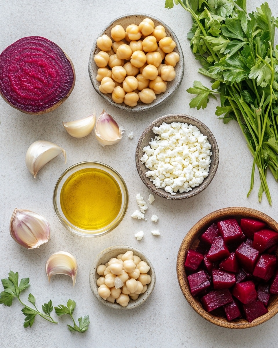 The image shows a bowl filled with three main layers: the bottom layer has shiny, deep red cubes of beetroot; the middle layer is made up of round, light brown chickpeas; the top layer has small white cubes of soft feta cheese sprinkled with coarse black pepper and bright green chopped parsley scattered all over. The bowl is white and placed on a white marbled surface. Photo taken with an iphone --ar 4:5 --v 7