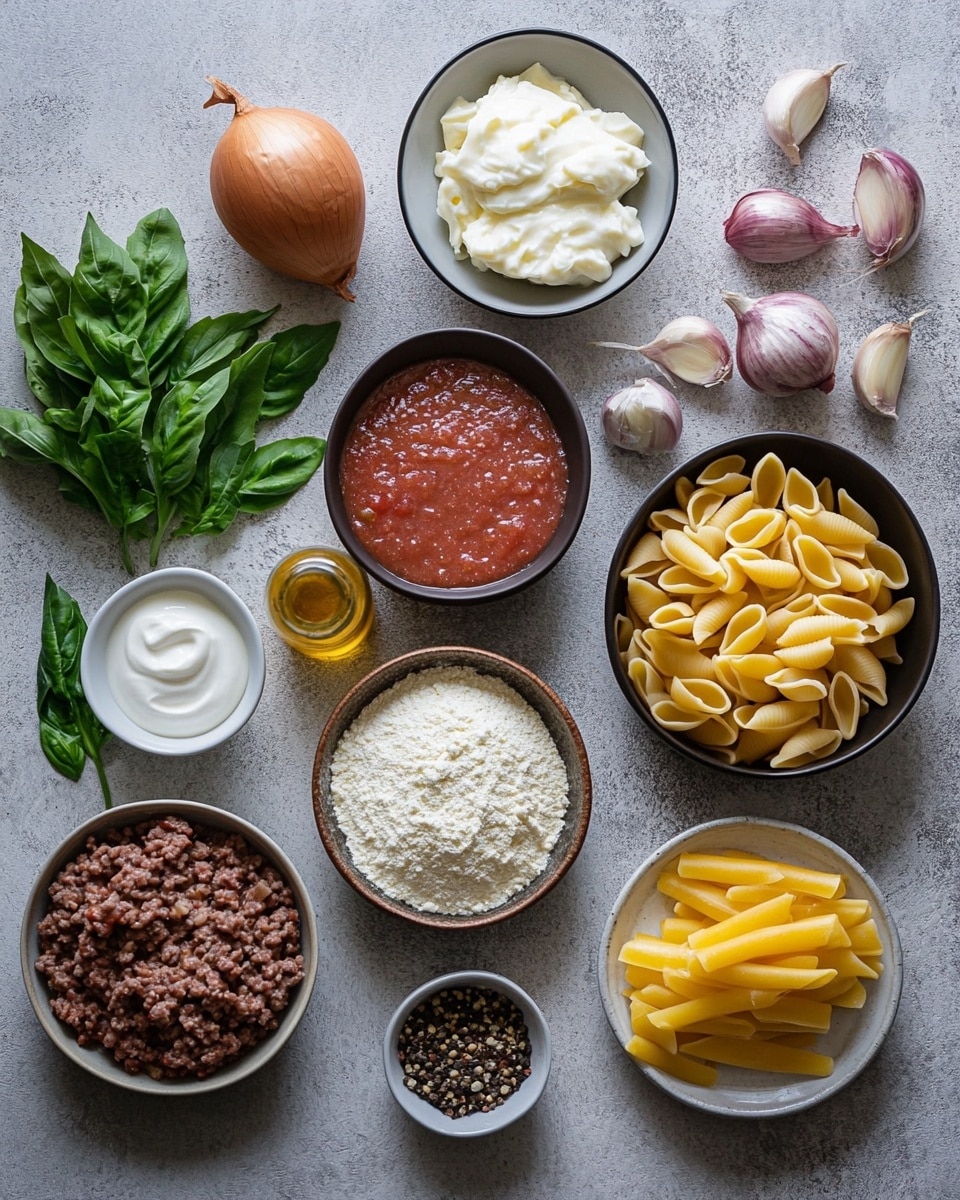 A white, round baking dish filled with macaroni pasta mixed in a thick, brown meat sauce, creating one visible textured layer with small macaroni and bits of ground meat spread evenly. The edges of the dish have sauce stains, showing a baked and hearty look. A silver spoon is placed inside the dish on the upper left side. The dish sits on a white marbled surface with a turquoise cloth to the left and part of a white bowl with green lettuce and red cherry tomato slices on the right. Two glasses with a light yellow drink are in the background. Photo taken with an iphone --ar 4:5 --v 7