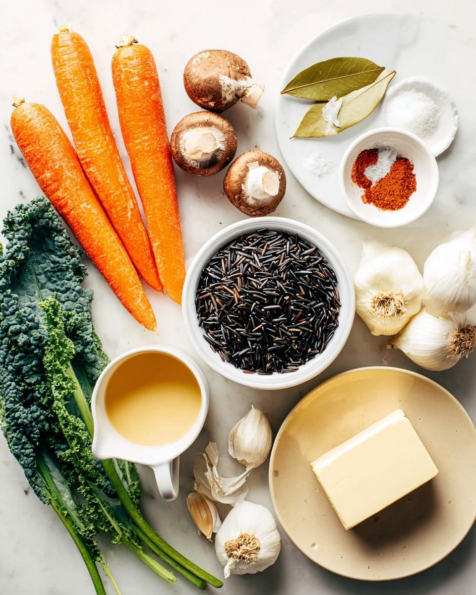 The image shows a close-up of a white round pot filled with a creamy soup. The soup has multiple layers and colors: bright orange carrot slices and cubes, light brown mushroom slices, dark green leafy spinach, and small chunks of light yellow celery. There are wild rice grains scattered throughout, adding dark brown and black touches. The soup base is light yellow with black pepper specks floating on top. The pot sits on a white marbled surface with a beige cloth partially visible on the side. photo taken with an iphone --ar 4:5 --v 7
