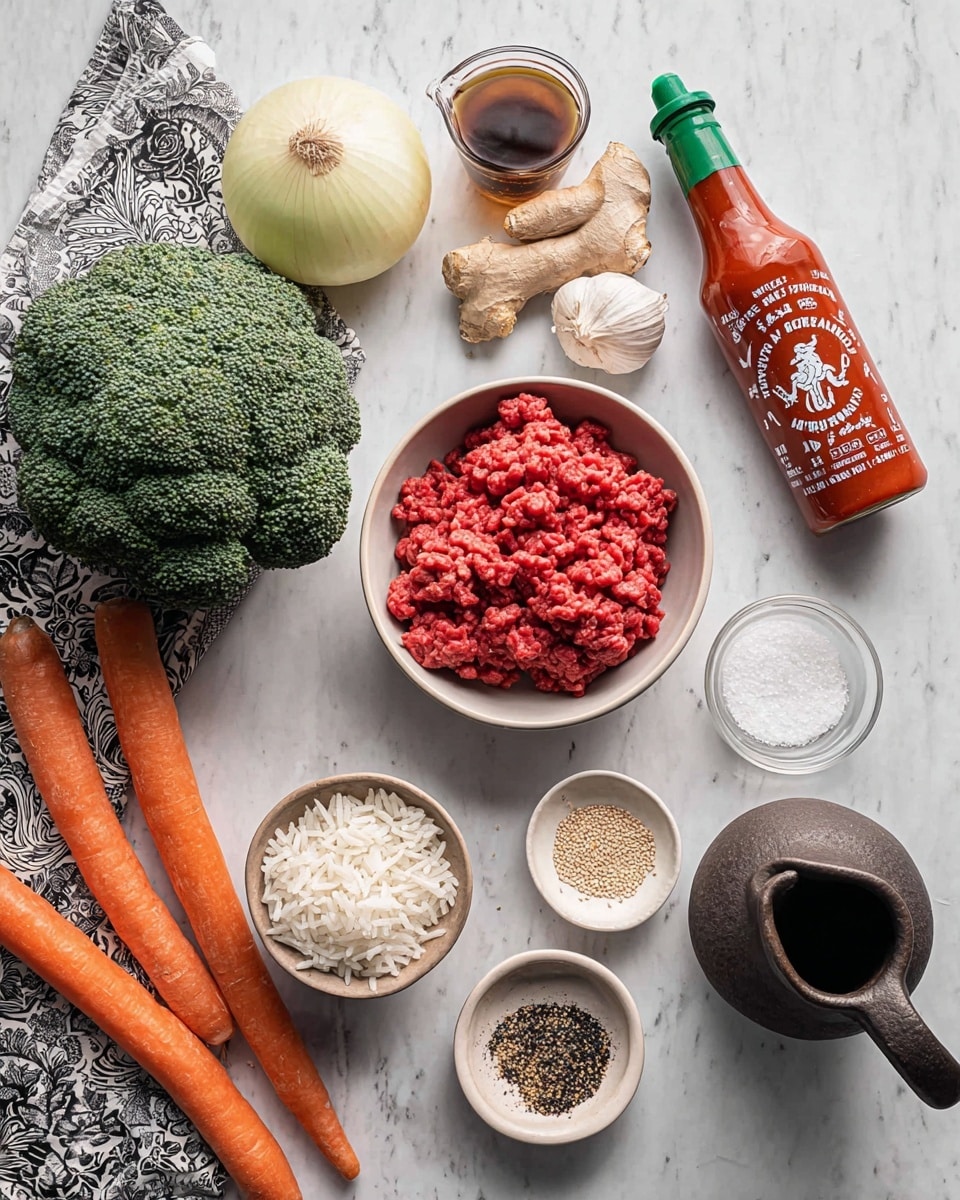 The image shows two bowls filled with a meal of white rice at the bottom and a colorful stir-fry on top. The stir-fry includes brown pieces of cooked ground meat, bright orange carrot slices, green broccoli florets, red bell pepper strips, and light brown onion slices, all mixed together and sprinkled with white sesame seeds and chopped green onions. The bowls are dark in color, placed on a white marbled surface with two pairs of black and gold chopsticks resting on the bowls. Nearby, there is a white bowl filled with plain white rice and a small dish holding chopped green onions. A larger bowl filled with more stir-fry is covered partially by a black and white patterned cloth. The photo taken with an iphone --ar 4:5 --v 7