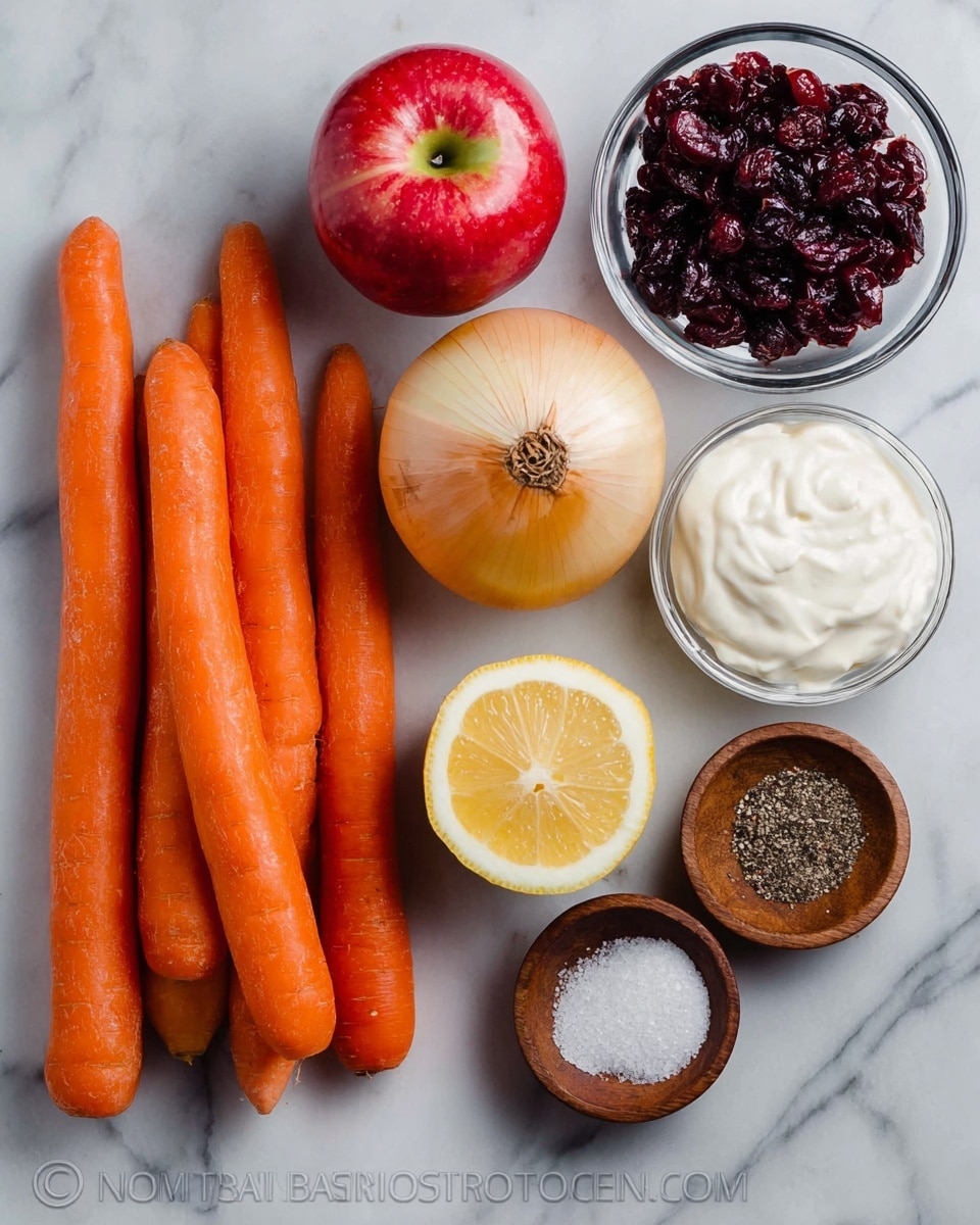 The image shows a white marbled surface with a fresh red apple on the top left. Below the apple, there are four long, bright orange carrots placed side by side. To the right of the carrots, there is a whole yellow onion. Above the onion, a small clear glass bowl is filled with dark red dried cranberries. Next to that, another clear glass bowl contains thick white sour cream. To the right of the sour cream, there are two small wooden bowls, one with fine salt and the other with coarse salt. Below the wooden bowls, a small clear bowl holds black pepper. Near the center right, there is a half-cut yellow lemon showing its juicy interior. Photo taken with an iphone --ar 4:5 --v 7
