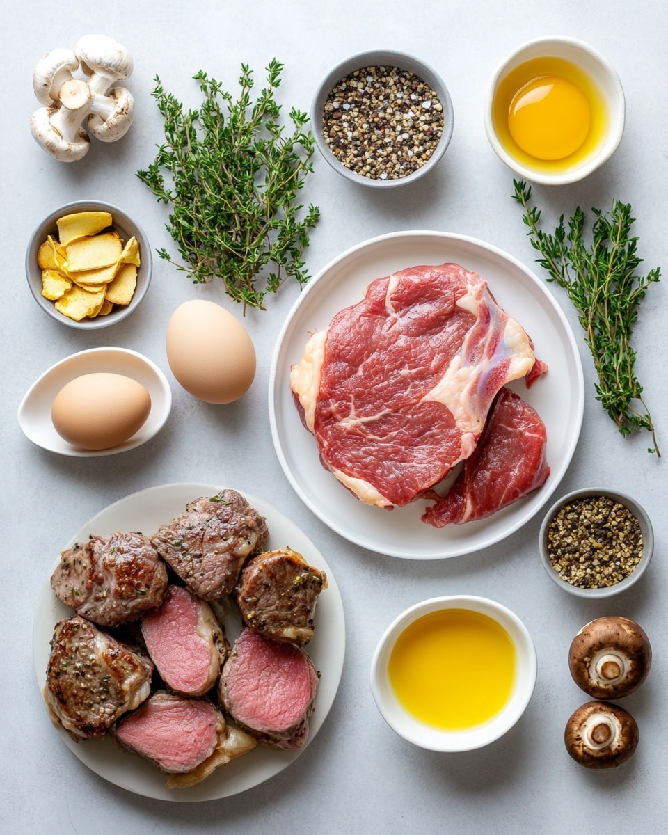 The image shows two sliced pieces and one whole piece of beef wellington on a wooden board. Each piece has four layers: the innermost is dark pink cooked beef, the next layer is a dark brown mushroom mixture, followed by a light golden crust that looks flaky and soft. The top crust has dried herbs sprinkled, including rosemary, which also decorates the board around the beef. In the background, there is a white bowl filled with fresh green arugula leaves. The surface under the board has a white marbled texture. photo taken with an iphone --ar 4:5 --v 7