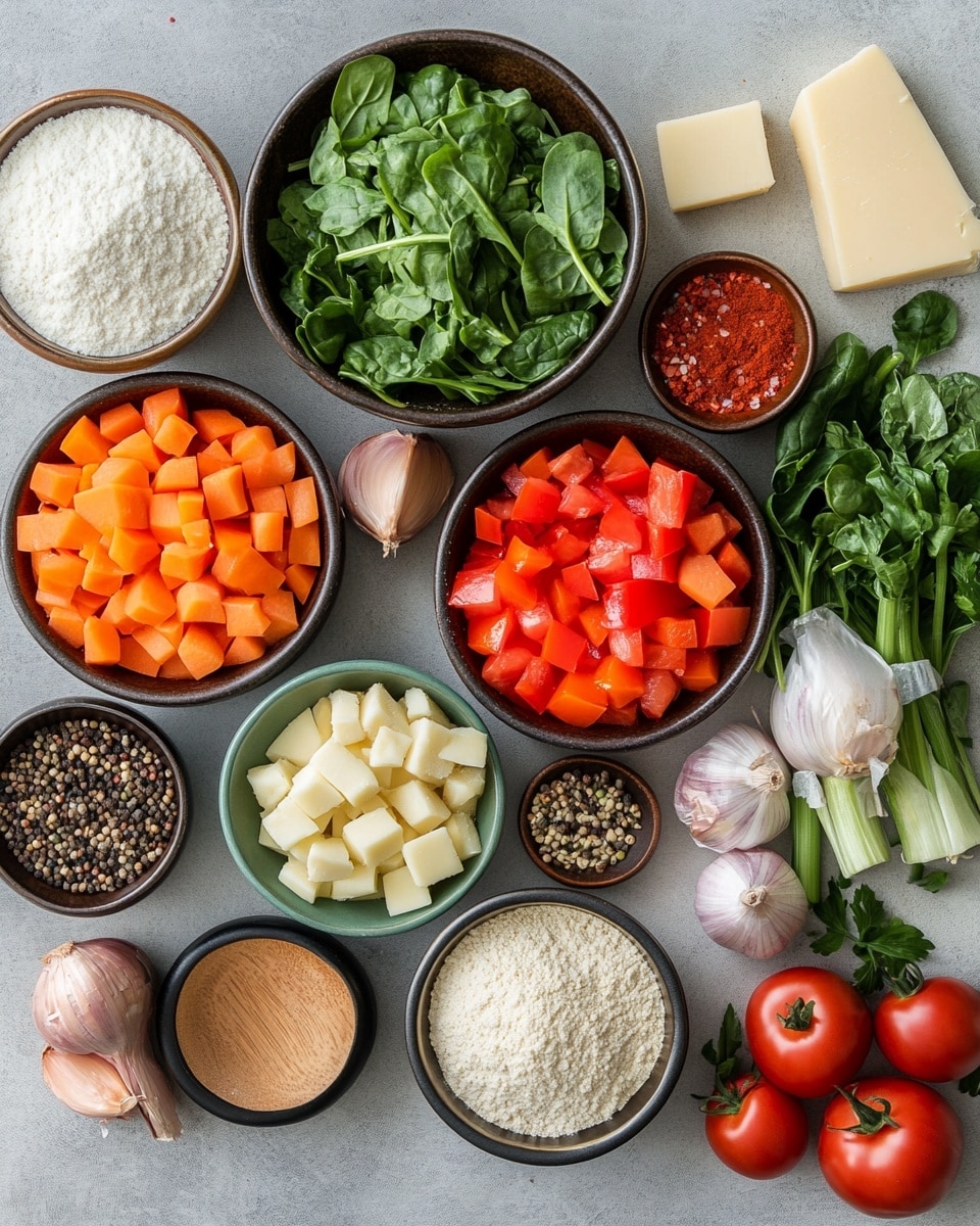The image shows a large white pot filled with a colorful vegetable and white bean soup. The soup has a clear, light orange broth with visible spices floating in it. There are bright green spinach leaves layered on top, mixed with chunky, soft pieces of diced orange carrots, pale green celery, white beans, and small red tomato pieces. Some light-colored protein chunks are also seen, mixed evenly within the soup. A metal ladle is held over the pot, scooping up a serving filled with a mix of all these ingredients. The pot is set on a white marbled surface. photo taken with an iphone --ar 4:5 --v 7