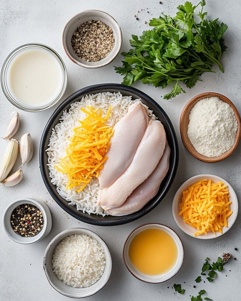 A rectangular white casserole dish filled with a creamy baked pasta casserole topped with a melted golden-yellow cheese layer mixed with small bits of red peppers. The casserole itself shows visible strands of spaghetti and shredded chicken pieces coated in a light sauce beneath the cheese. Next to the dish, there is a basket lined with a red and white checkered cloth holding light brown bread rolls, all placed on a white marbled surface. photo taken with an iphone --ar 4:5 --v 7