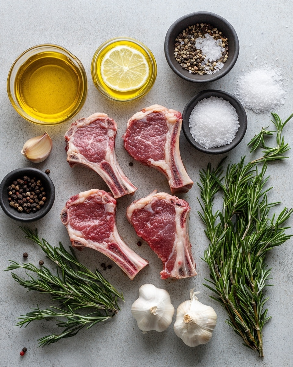 A white round plate holds seven grilled lamb chops arranged in a rustic, slightly overlapping pattern. Each chop has a rich brown, caramelized crust with dark grill marks and some seeds of black pepper visible on the surface. The meat is juicy with a slight shine from olive oil drizzled on top. Fresh green rosemary sprigs are placed sparingly on and around the lamb chops adding a touch of color and freshness. The white marbled surface underneath the plate adds a clean, elegant background, with a small wooden bowl of salt and pepper mix partially visible on the upper right side. Photo taken with an iphone --ar 4:5 --v 7