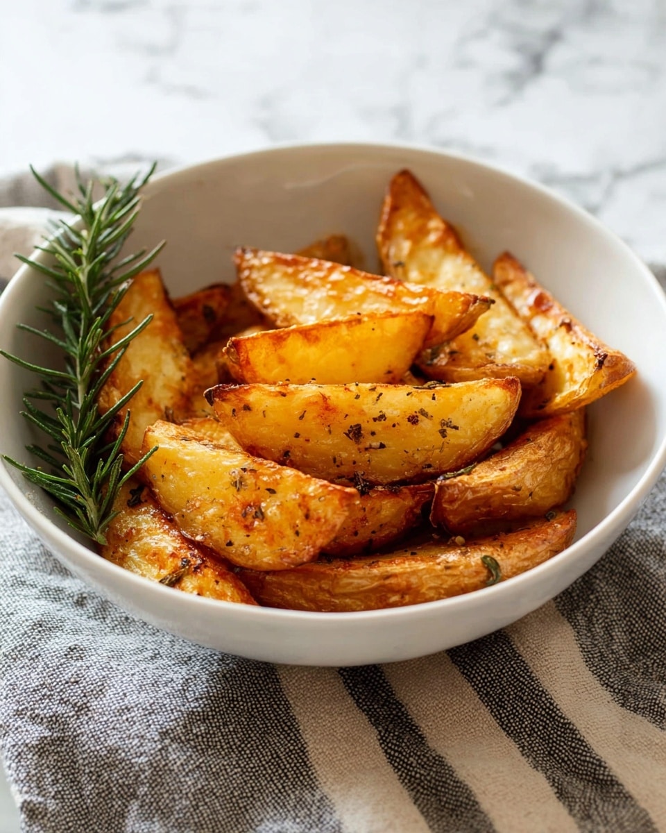 The image shows a white bowl filled with golden-brown potato wedges that look crispy and seasoned with specks of black pepper and herbs. The wedges are layered inside the bowl, some standing upright while others lean or lie flat, creating a slightly uneven pile. There is a sprig of fresh rosemary placed on the left side of the bowl, adding a touch of green contrast to the warm colors of the potatoes. The bowl rests on a soft, striped cloth with neutral colors. The setting is on a white marbled surface, which is partially visible around the edges of the cloth. Photo taken with an iphone --ar 4:5 --v 7