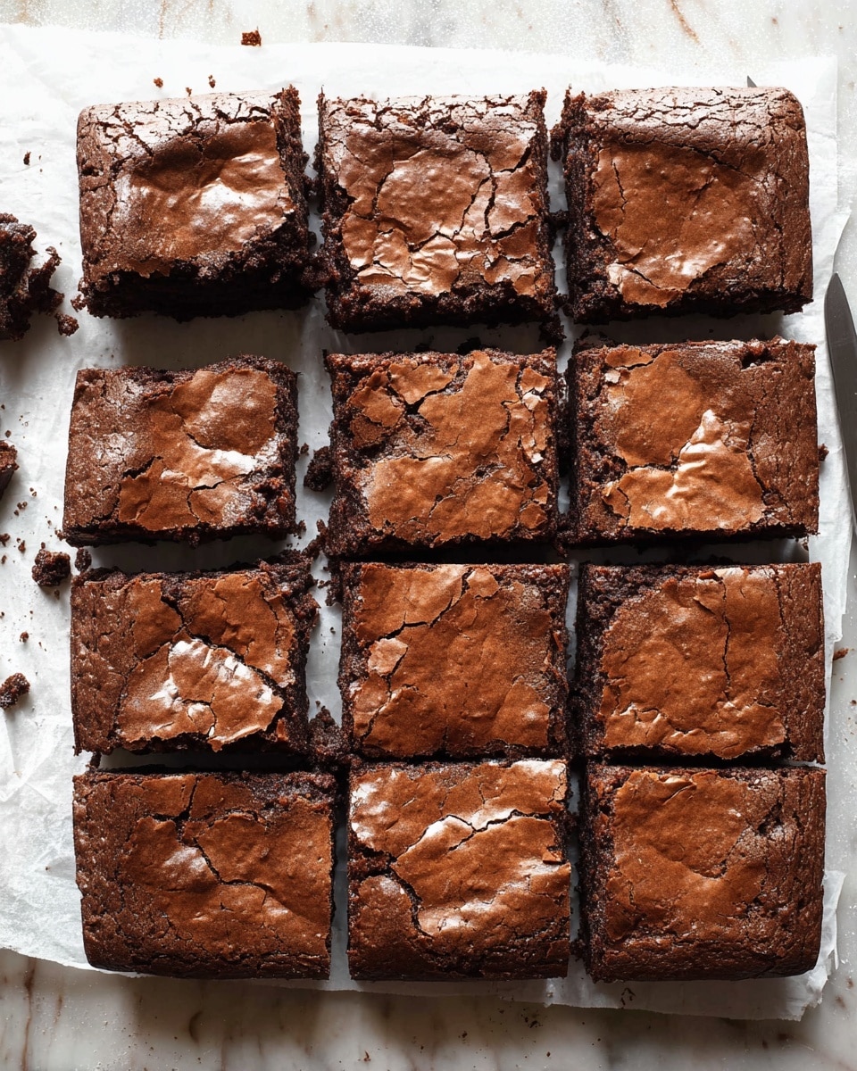 A tray of twelve square chocolate brownies with a cracked, shiny top layer and a deep brown color is shown on white parchment paper placed on a white marbled surface. The brownies have a slightly rough texture on top, with small cracks and uneven edges visible. Each brownie is thick, showing a dense, moist texture beneath the crust. One brownie from the top left corner is slightly pulled away from the rest, revealing the dark interior. Small crumbs are scattered around the edges, with a knife partially visible in the bottom right corner. photo taken with an iphone --ar 4:5 --v 7