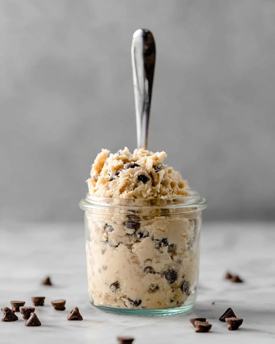 A small clear glass jar filled to the top with creamy light beige cookie dough mixed with dark chocolate chips visible throughout. The dough is piled high above the jar’s edge with a rough, soft texture. A shiny silver spoon is stuck into the cookie dough, standing straight up from the center. There are scattered dark chocolate chips on a white marbled surface around the jar, with a soft grey blurred background. photo taken with an iphone --ar 4:5 --v 7