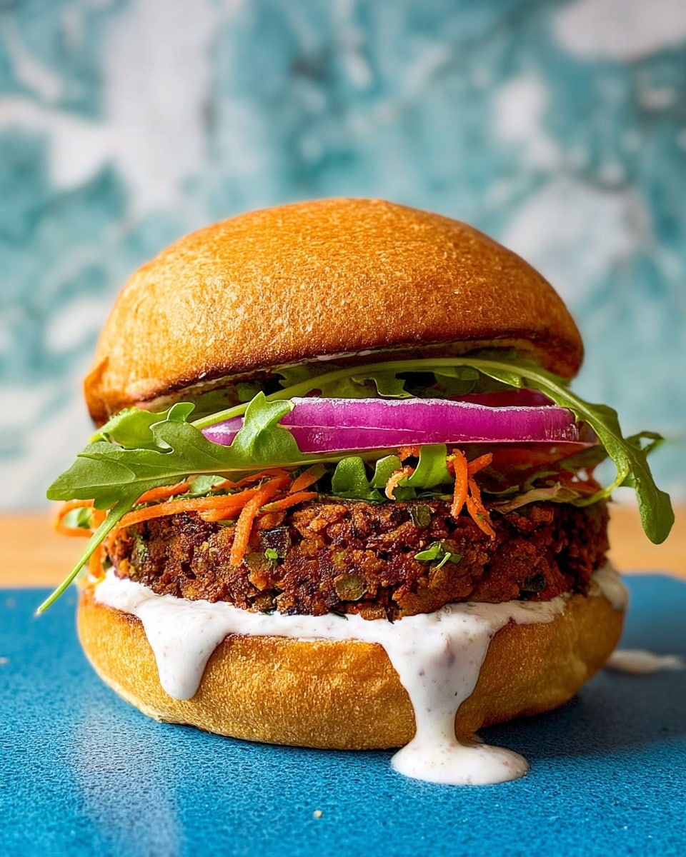 A close-up of a veggie burger stacked on a toasted golden brown bun with the top bun slightly tilted back. The bottom bun layer is spread with white sauce that drips slightly down the side. On top of this is a thick, textured dark brown veggie patty with visible small bits and herbs. Above the patty, there is a layer of bright green leafy arugula, topped with small bits of orange shredded carrot. A thick slice of purple-red onion peeks out from under the patty. The burger sits on a blue surface with a white marbled background. Photo taken with an iphone --ar 4:5 --v 7