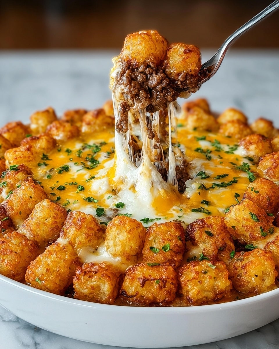 A white bowl filled with a layered dish, showing three clear layers: the bottom layer is dark brown cooked ground meat, the middle layer consists of melted white and yellow cheese that stretches as it is lifted, and the top layer is made of small, golden-brown crispy potato cubes evenly spread and sprinkled with green herbs. The dish is rich and bubbly with the cheese melting over the potatoes. A fork is lifting a portion, displaying gooey cheese strands connecting the layers. The bowl sits on a surface with a white marbled texture. Photo taken with an iphone --ar 4:5 --v 7