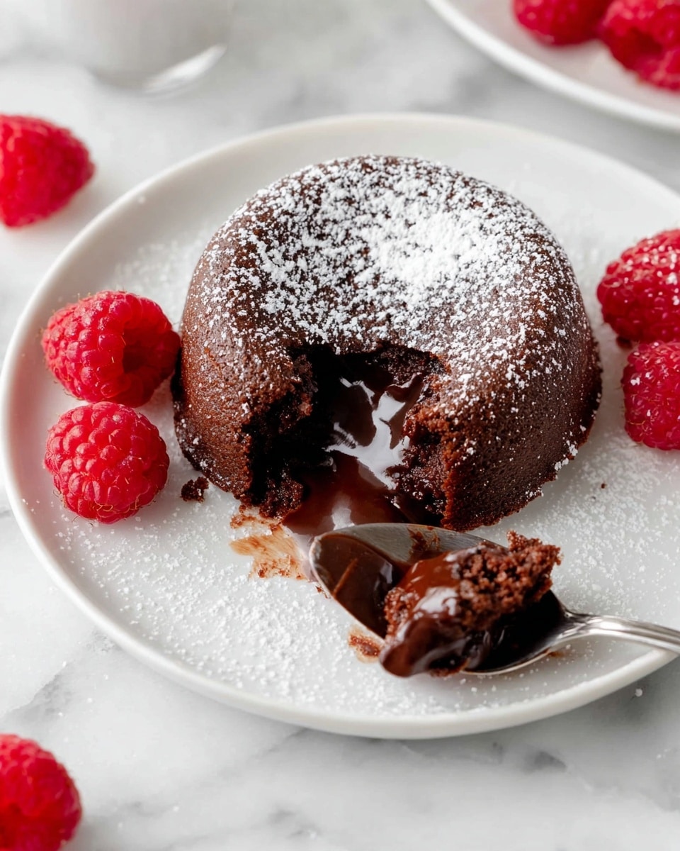 A round chocolate cake with a cracked top layer, dusted with white powdered sugar, sits on a white plate. The cake is cut open on one side, showing a thick, smooth, dark brown chocolate filling spilling out. The cake’s outer layer is firm and textured, while the inside is soft and liquidy. A shiny silver spoon lies behind the plate, all placed on a white marbled surface. photo taken with an iphone --ar 4:5 --v 7