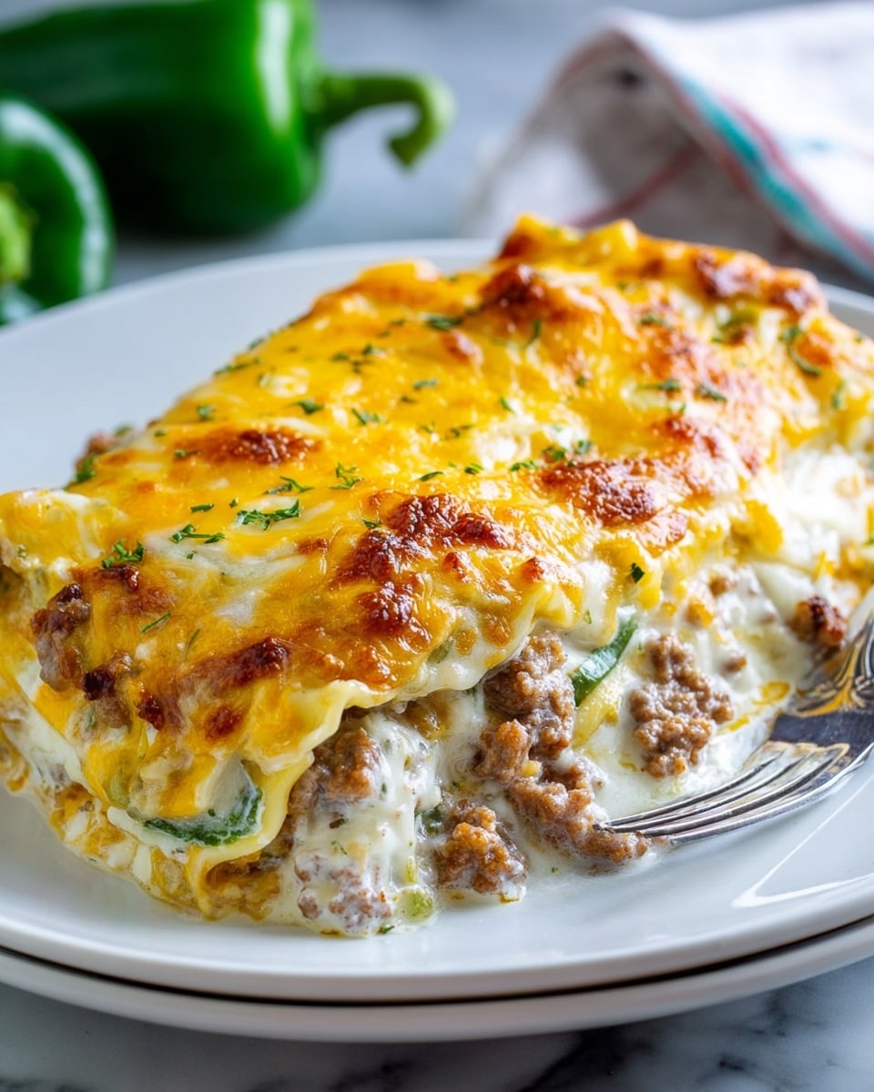 A single thick slice of lasagna sits on a white plate showing multiple layers. The bottom layer is a soft pasta sheet, topped by a creamy white sauce mixed with green herbs and small pieces of browned sausage. Above that is another pasta layer covered by a thick layer of melted cheese that is golden yellow with some browned spots, giving a bubbling texture. The cheese looks creamy and stretchy with some scattered herbs. A silver fork rests near the lasagna on the edge of the plate, and the plate is placed on a white marbled surface with two green peppers blurred in the background. Photo taken with an iphone --ar 4:5 --v 7