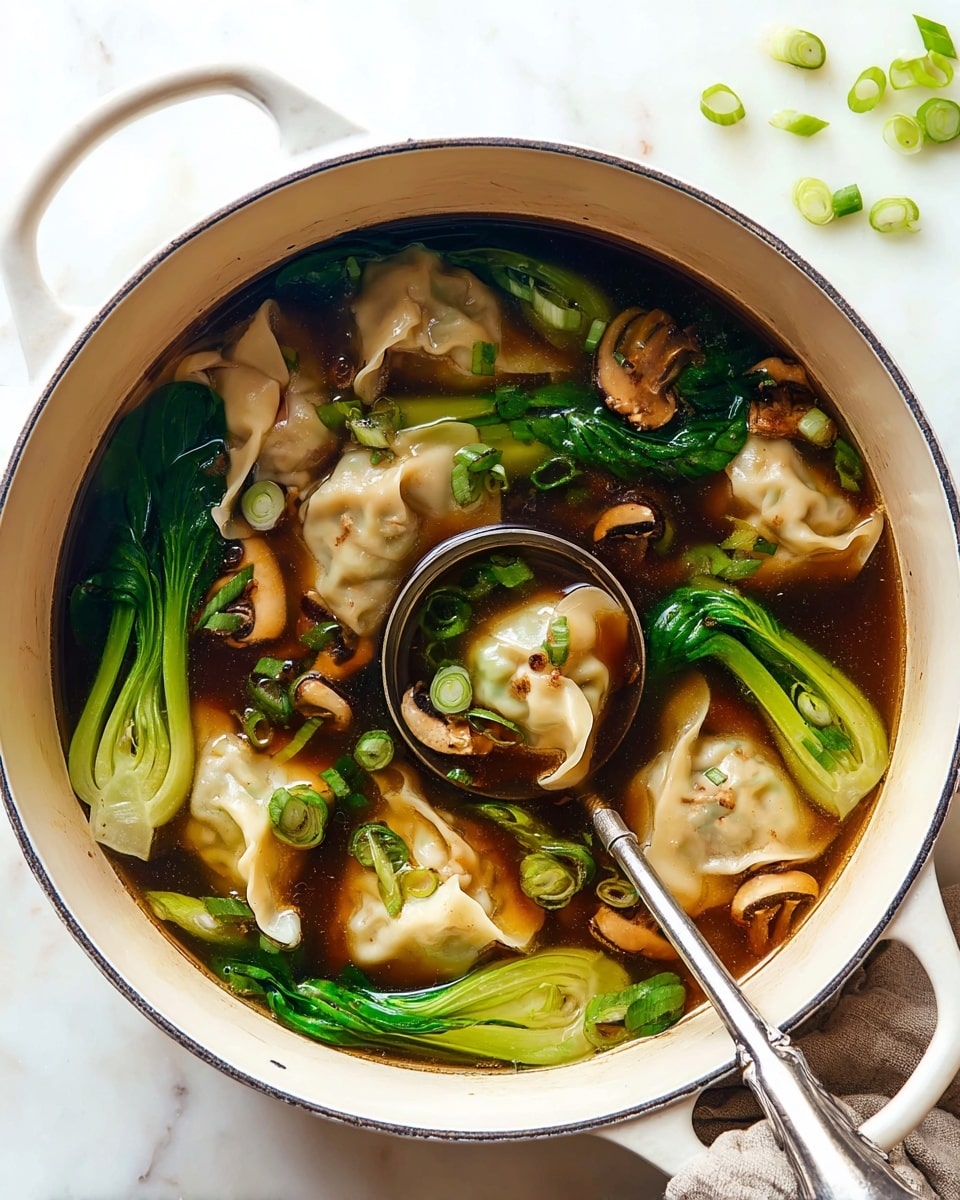 A white pot filled with a dark brown broth holding several light beige dumplings with soft, wrinkled edges floating on top. Bright green bok choy leaves with smooth textures and sliced green onions add fresh color around the dumplings. Thin, curved, textured brown mushroom slices are also mixed in the soup. A metal ladle rests inside the pot, touching some bok choy and dumplings. The pot is placed on a white marbled surface with some scattered green onion pieces near the top right corner. photo taken with an iphone --ar 4:5 --v 7