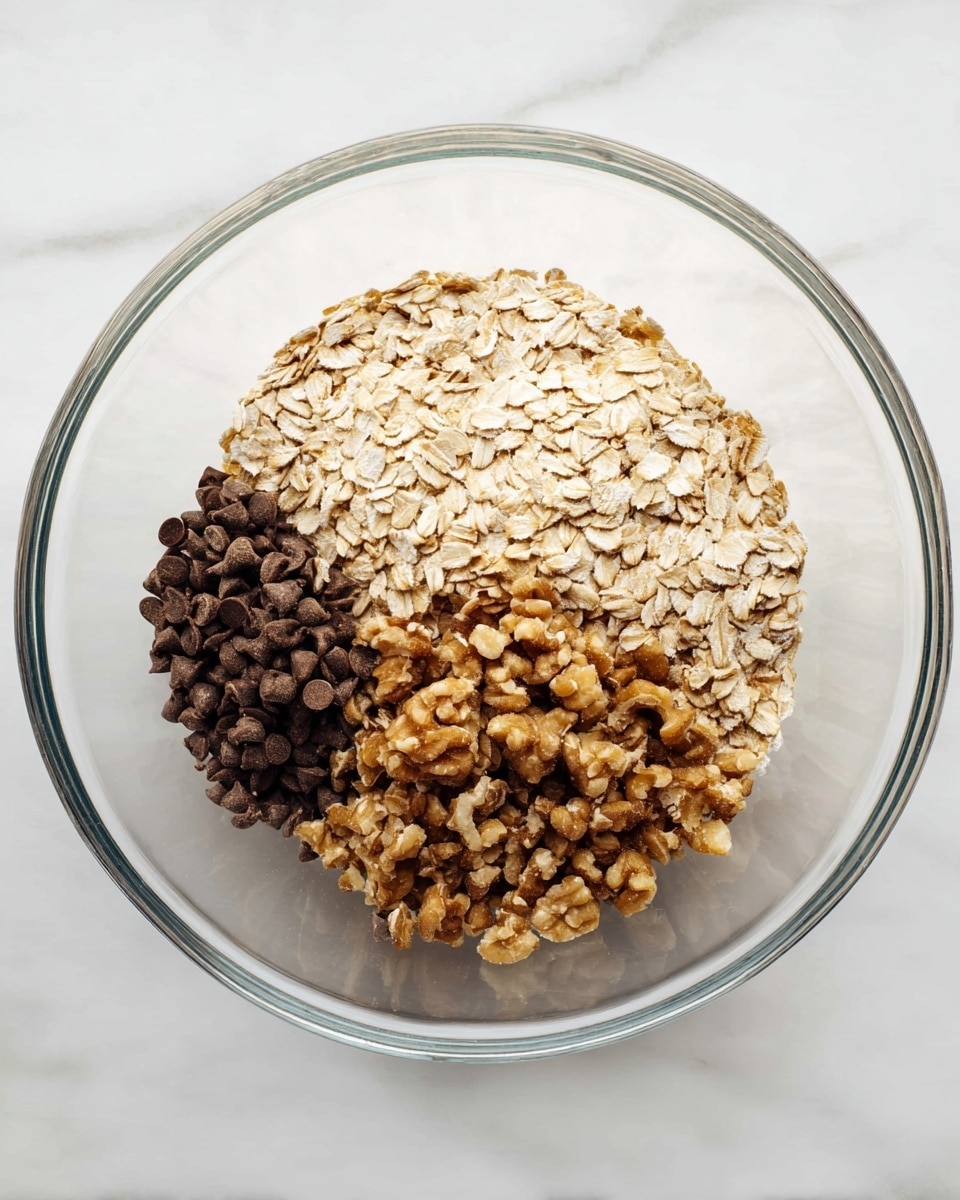 Six round oatmeal cookies with dark chocolate chips are placed spaced out on a smooth white plate, showing their rough texture with visible oats and small chocolate pieces embedded throughout. The cookies have a light brown color with some darker spots, and their uneven edges reveal a slightly crisp appearance. The plate sits on a white marbled surface. photo taken with an iphone --ar 4:5 --v 7