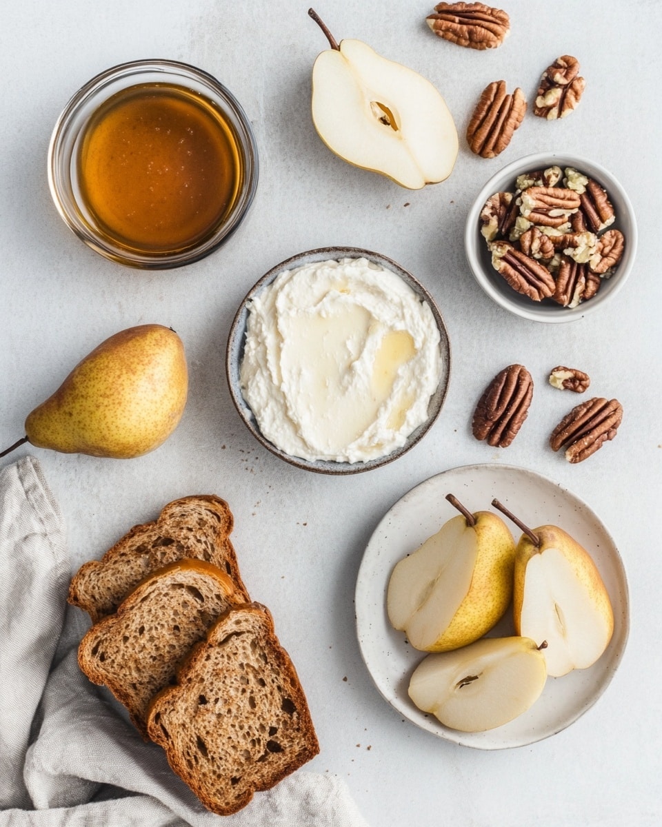 A sandwich made of two slices of toasted raisin bread with visible raisins and a light brown toasted texture. Inside, there are layers including creamy white cheese, thin slices of yellow pear, and green sprouts, all stacked evenly. The sandwich is cut diagonally and placed on a white plate with some spilled sprouts around it. The background has a white marbled texture with a green pear and another yellow fruit blurred in the distance. Photo taken with an iphone --ar 4:5 --v 7