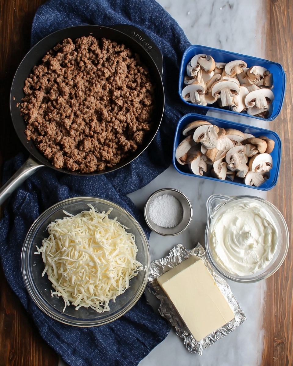 The image shows several cooking ingredients arranged on a white marbled surface. There is a black cast iron pan filled with cooked ground meat on the top right. Below the pan, there is a clear glass bowl filled with shredded white cheese. To the left of the cheese, there are two blue containers of sliced mushrooms, one above the other. Between the cheese and the bottom mushrooms container, there is a small metal cup with some light brown seasoning or salt. On the far right, next to the seasoning, is a white measuring cup full of smooth white cream cheese. Below everything, a silver foil pack of butter sits on the surface. A dark cloth napkin partially lies behind the pan. photo taken with an iphone --ar 4:5 --v 7