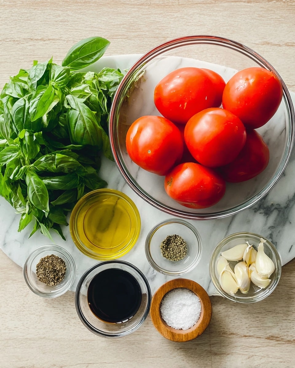 A clear glass bowl on a white marbled surface holds six red tomatoes with smooth shiny skin. Next to the bowl, fresh green basil leaves with textured surfaces spread out. To the right, there are three garlic cloves with their rough white skin, a small glass bowl of golden olive oil, a small glass bowl filled with dark balsamic vinegar, a small white bowl containing black pepper, and a small wooden bowl with white salt. photo taken with an iphone --ar 4:5 --v 7