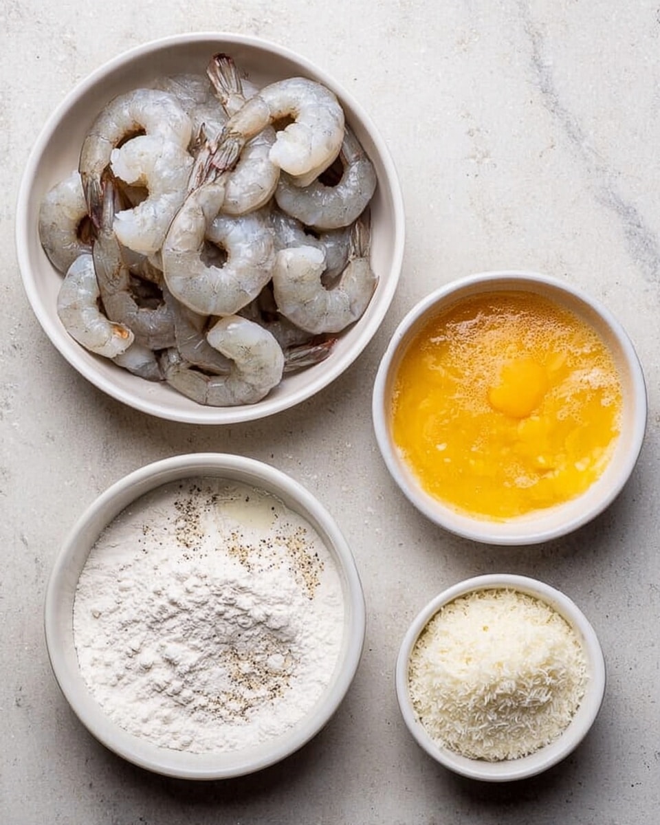 The image shows four small clear glass bowls and one white plate placed on a white marbled surface. The white plate holds a pile of raw grey shrimp, arranged in a circle with tails facing inward. Next to it, the top right bowl contains a bright yellow egg mixture. Below that, to the right, there is a bowl filled with white flakes, resembling coconut flakes or panko breadcrumbs. To the left of it, another bowl holds a mix of white powder and a small amount of black pepper on top. Each item is neatly placed and visible in the photo taken with an iphone --ar 4:5 --v 7