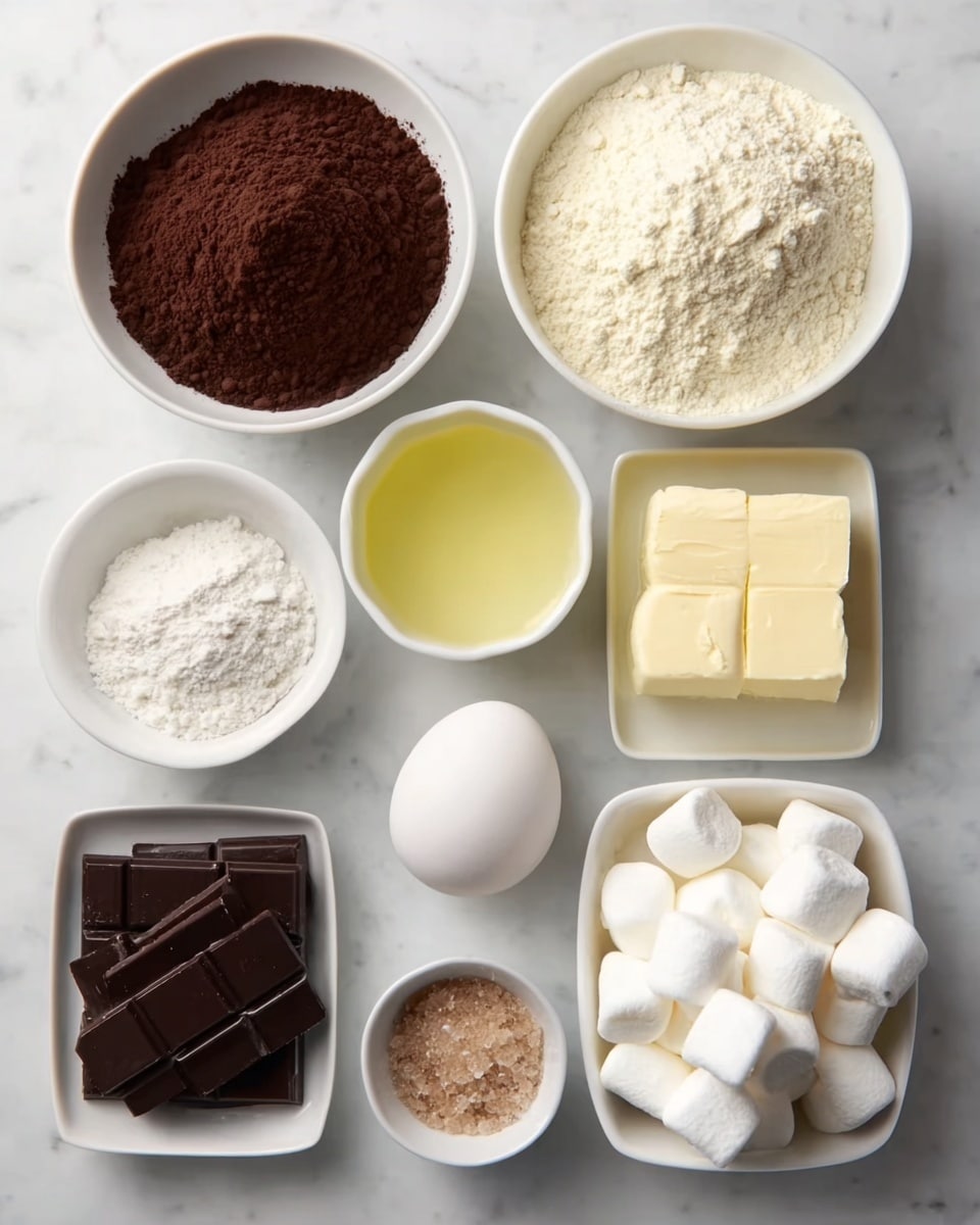 The image shows eight small white bowls and one white plate arranged on a white marbled surface. At the top right, there is a bowl filled with white flour, and next to it on the left is a bowl full of dark brown cocoa powder. Below the flour is a white plate holding several pieces of pale yellow butter. To the left of the butter plate is a bowl holding dark chocolate squares. Below the chocolate is a clear bowl containing a single white egg. To the left of the egg is a small bowl with light brown sugar, and below the sugar bowl is a clear bowl filled with white granulated sugar. Finally, on the lower right side is a bowl filled with large white marshmallows. Photo taken with an iphone --ar 4:5 --v 7