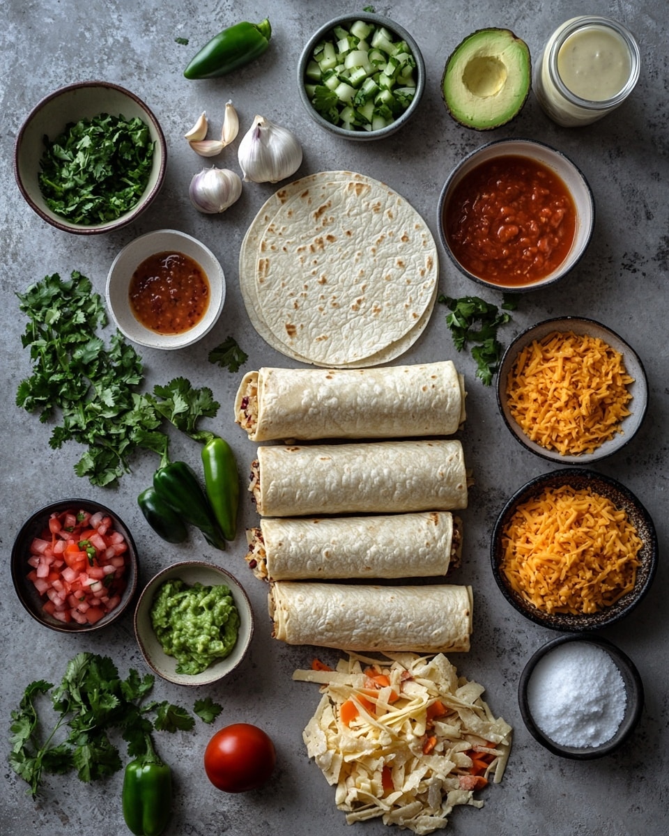 The image shows three golden brown rolled tortillas layered at the center on a sheet of parchment paper over a white marbled surface. Each tortilla is drizzled with white creamy sauce on top and sprinkled with a fresh mix of finely chopped red tomatoes, white onions, green jalapeño peppers, and cilantro leaves, adding red, white, and green colors across the tortillas. Around the rolls, bright green fresh cilantro leaves are scattered along with lime wedges. On the left side, sliced green jalapeños sit on a white plate with a blue pattern, while on the right side, two small bowls contain chunky guacamole with a light green color and fresh salsa with diced red tomatoes, green peppers, and onions. The arrangement evokes a fresh and vibrant Mexican food vibe. Photo taken with an iphone --ar 4:5 --v 7