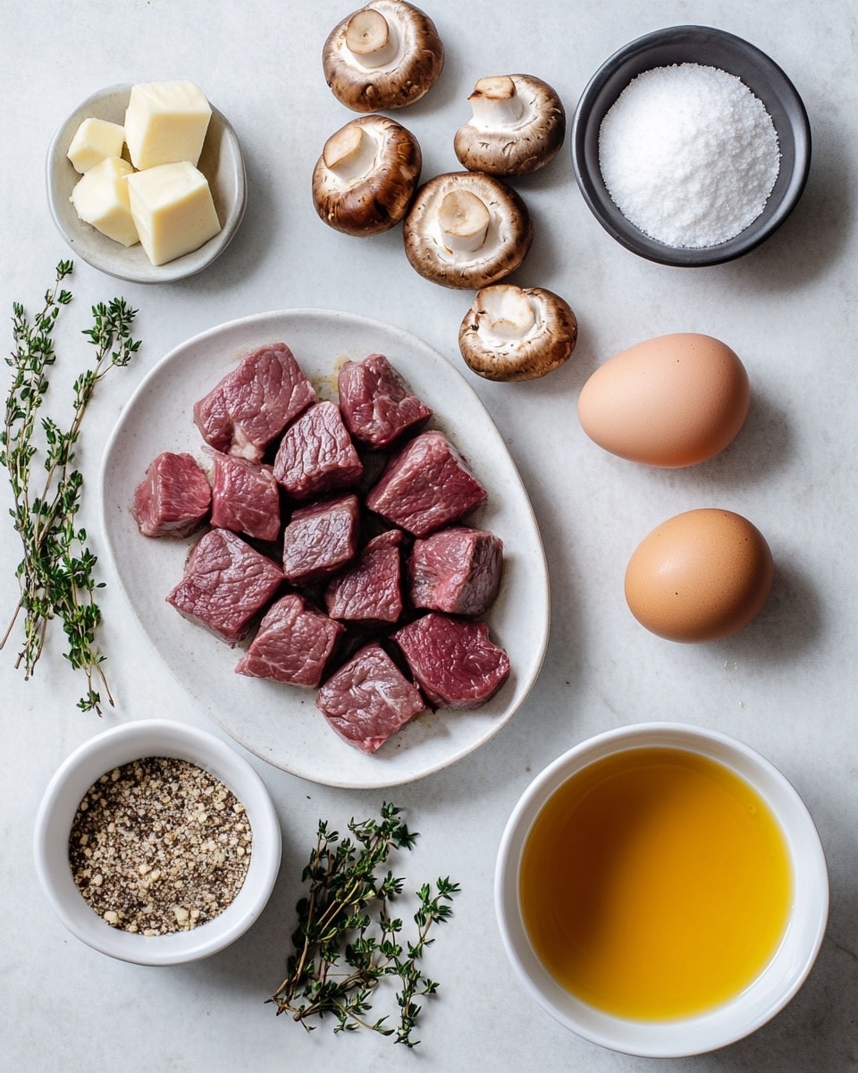 The dish shows small round stacks arranged closely on a white square plate with a white marbled surface underneath. Each stack has three layers: the bottom layer is a golden brown, crispy puff pastry with a textured, flaky surface; the middle layer is a seared, thick, dark brown meat medallion with a glossy texture and hints of a pink center; the top layer has sautéed mushrooms that are dark, shiny, and slightly curled, crowned with a small dollop of white cheese sprinkled with finely chopped green herbs. Each stack is garnished with a small green sprig, resembling rosemary, standing upright in the center. Photo taken with an iphone --ar 4:5 --v 7
