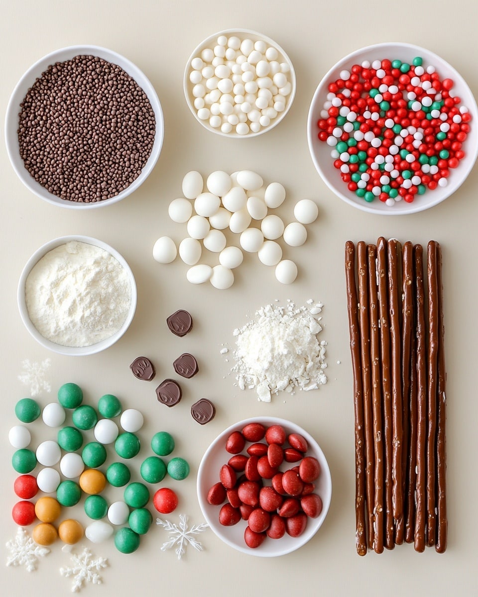 A set of ten pretzel sticks lies on a white marbled surface, each dipped about two-thirds in either white or dark chocolate. Each pretzel stick is decorated with colorful toppings layered on top of the chocolate: the first has green and red sprinkles, the second is coated with light brown crushed nuts, the third is covered with tiny white marshmallows, the fourth has a drizzle of dark chocolate on the dark chocolate base, the fifth has crushed red and white candy pieces on white chocolate, the sixth shows red and green confetti sprinkles on dark chocolate, the seventh is dipped in white chocolate with red and green round candy pieces, the eighth is white chocolate with thin dark chocolate stripes, the ninth is white chocolate with red and green small round sprinkles, and the tenth is dark chocolate topped with red, green, and white round sprinkles. The pretzels are arranged close together in a slightly diagonal row, photo taken with an iphone --ar 4:5 --v 7