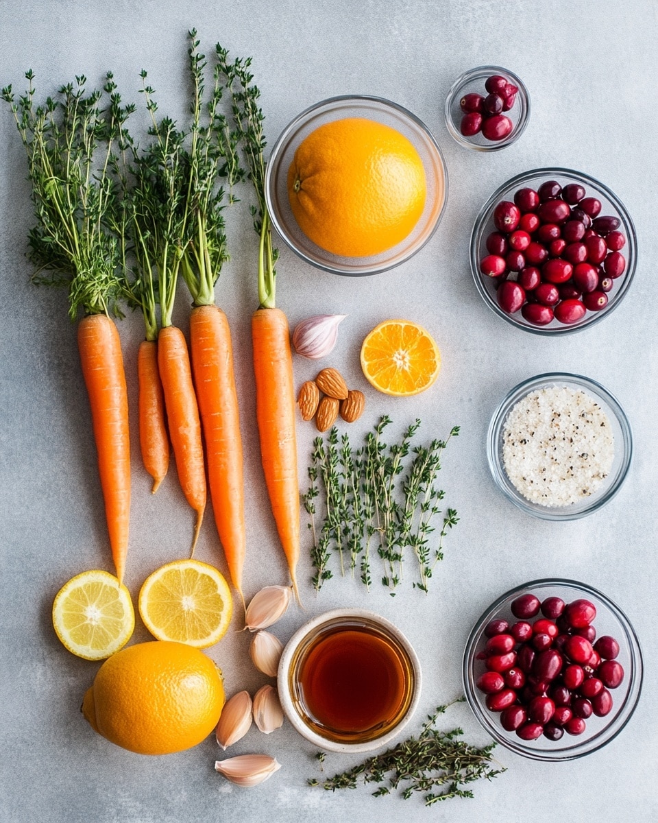 The image shows a white oval plate filled with one layer of roasted orange carrots with green tops still attached, scattered with sliced almonds that are light beige and roughly oval. Red dried cranberries are spread unevenly across the carrots, adding bright pops of color, and small green sprigs of thyme are sprinkled on top. The plate is held by woman's two hands wearing dark gray knit sleeves. The background surface is a white marbled texture with some scattered almond slices, cranberries, and thyme sprigs. Photo taken with an iphone --ar 4:5 --v 7