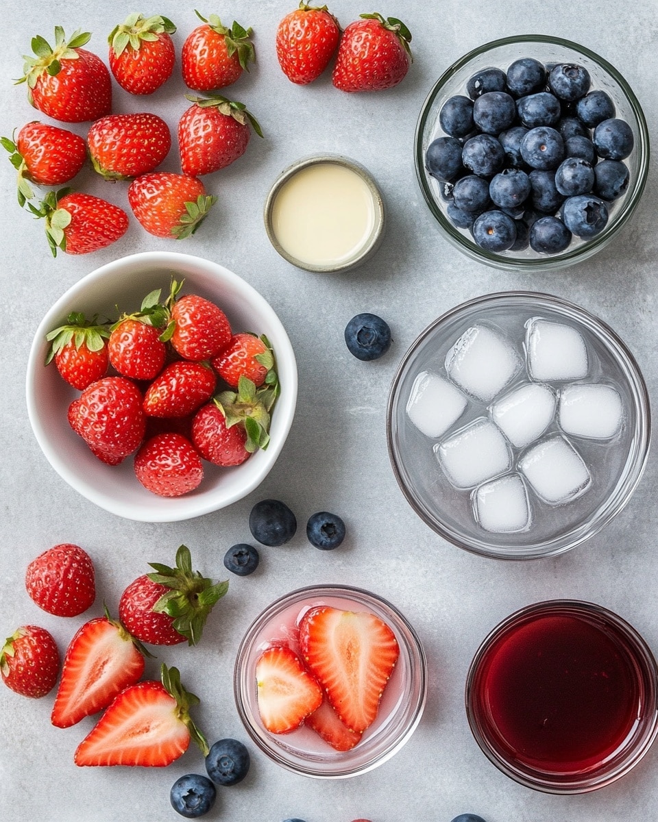 A clear glass filled with a layered pink and red fizzy drink sits on a white marbled surface. The bottom layer has dark berries, possibly blueberries, inside the pinkish liquid. Above that, there is a bubbly, frothy red layer with larger red fruit pieces. On top, a few dark berries float with visible bubbles around them. A bright yellow lemon slice is placed on the rim, adding a fresh, colorful contrast. The background shows a soft white cloth and a blurred bowl of dark berries. Photo taken with an iphone --ar 4:5 --v 7