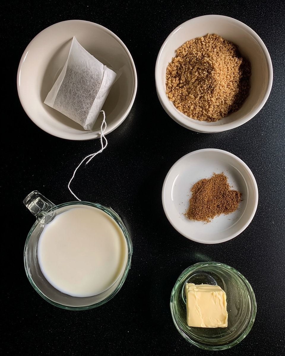 The image shows five white containers on a black surface with a white marbled texture edited in the background. At the top left, a small white bowl holds a tea bag with a visible string. To the right, another small white bowl contains light brown granulated sugar. Below these, a medium white bowl has a small pile of ground brown spice in the center. At the bottom left, a clear glass cup holds white milk. To the right, a clear glass contains a small amount of pale yellow butter. The arrangement is simple and clean, with each ingredient clearly visible. Photo taken with an iphone --ar 4:5 --v 7