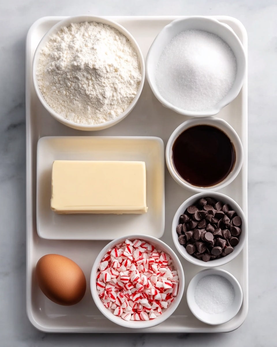 The image shows a white rectangular plate with rounded edges placed on a white marbled surface. On the plate, there are seven separate white round bowls and a small white rectangular dish arranged neatly. The largest bowl in the top left corner holds a mound of white flour with a slightly rough texture. To its right is a smaller bowl filled with granulated white sugar, smooth and fine. Below the flour is a rectangular white dish with a single block of pale yellow butter, smooth and solid. Near the top right corner, a bowl contains dark brown vanilla extract with a glossy surface. Below the vanilla extract, another bowl is filled with crushed white and red peppermint pieces, rough and uneven. At the bottom left, there is a bowl of dark brown chocolate chips with a shiny, smooth texture. To its right, a single brown egg with a smooth shell sits directly on the plate. Finally, at the bottom right corner, a tiny bowl holds fine white salt. The setup is simple, clean, and all elements are positioned neatly for a clear view. Photo taken with an iphone --ar 4:5 --v 7