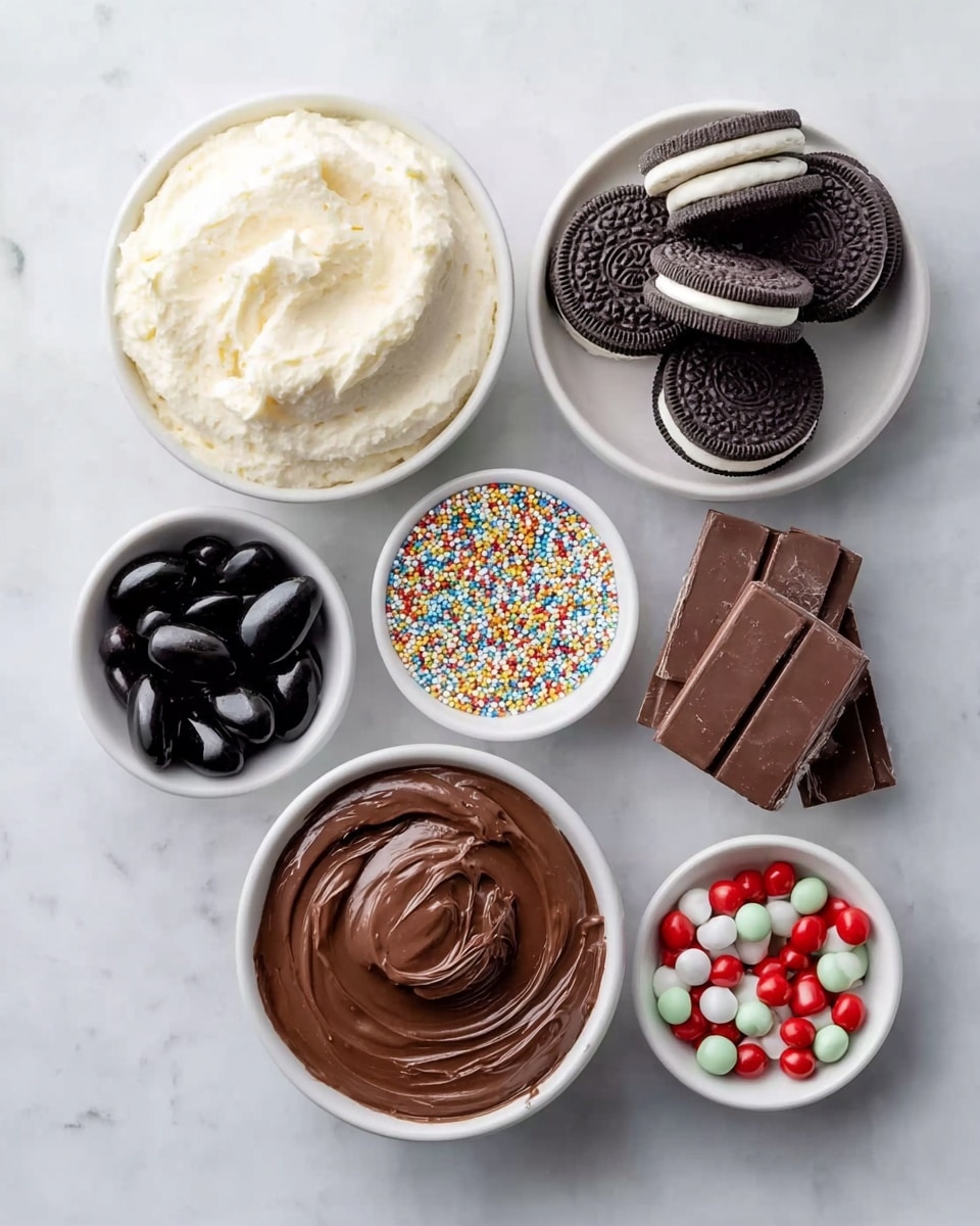 The image shows six small white bowls arranged on a white marbled surface. The top left bowl is full of white creamy frosting with a smooth, fluffy texture. To the right, four dark chocolate sandwich cookies with white cream filling are stacked. Below the frosting, a small bowl contains colorful round sprinkles in red, green, yellow, white, and blue. Next to it is another bowl filled with shiny black candy-coated chocolate pieces. Moving down, a bowl holds a thick, smooth, dark chocolate sauce, and beside it, a bowl has five pieces of broken milk chocolate bars with smooth surfaces. To the far right, a bowl is filled with red, white, and green M&M's candies. photo taken with an iphone --ar 4:5 --v 7