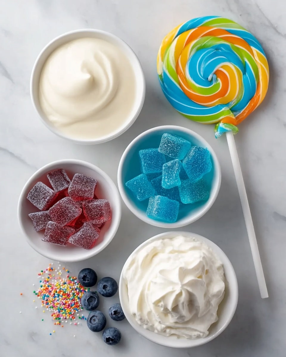 The image shows five small white bowls arranged on a white marbled surface, each containing different colorful sweets and toppings. The top left bowl holds a swirl of smooth white cream with a slight peak in the center. Below it are fresh blueberries scattered on the marble. To the right, a swirl lollipop features vibrant rainbow colors, including green, yellow, orange, red, and blue. Below the lollipop, a bowl contains bright blue sugar-coated gummy cubes stacked unevenly. To the left of this bowl, another white bowl holds reddish-pink sugar-coated gummy cubes. The last bowl at the bottom contains a fluffy, white whipped cream with soft peaks. Near the bottom left, colorful rainbow sprinkles are scattered on the marble surface. Photo taken with an iphone --ar 4:5 --v 7