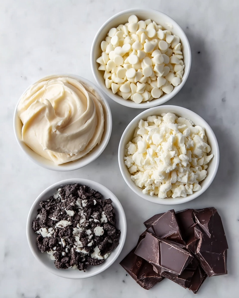 Five white bowls sit on a white marbled surface, each filled with different ingredients. The top left bowl holds a smooth, creamy white mixture swirled in a soft peak. To its right, the top right bowl is filled with small, flat, white chocolate chips. Below the creamy mixture, the bottom left bowl contains crushed dark cookie crumbs with bits of white inside. To the right of the crushed cookies, the bottom right bowl is filled with irregular chunks of dark chocolate. The middle bowl on the bottom left holds small, crumbly pieces of white cheese or curd. Photo taken with an iphone --ar 4:5 --v 7