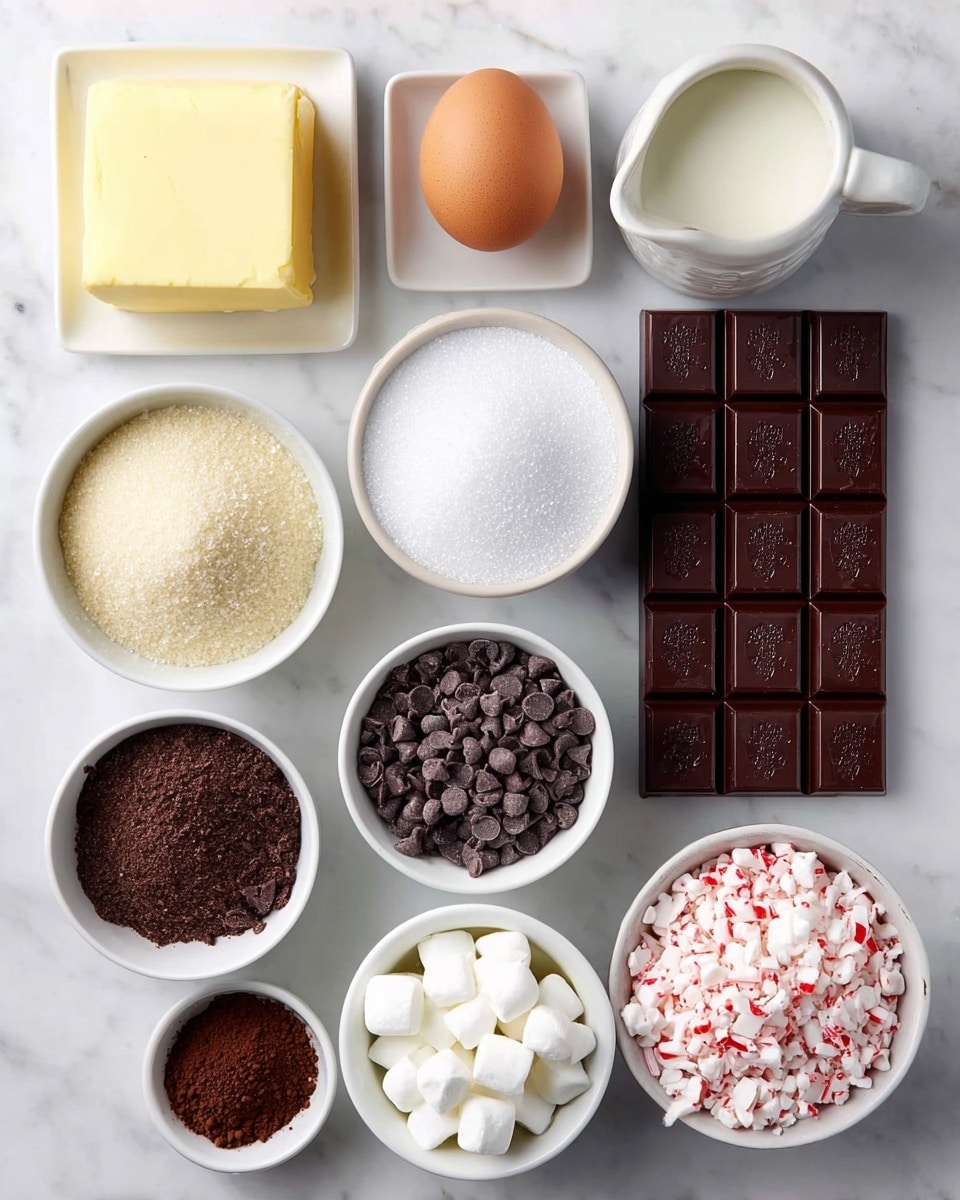 The image shows ten baking ingredients neatly arranged on a white marbled surface. From top left to right, there is a pale yellow square block of butter, a single brown egg, and a small white bowl filled with light brown sugar. Below them, from left to right, is a small white pitcher with milk, a white bowl full of white granulated sugar, and a dark brown chocolate bar divided into small squares. The bottom row has four white bowls: the first holds dark chocolate chips, the second is filled with dark brown cocoa powder, the third contains white mini marshmallows, and the last has crushed white peppermint pieces with red streaks. All items are cleanly arranged in straight rows. Photo taken with an iphone --ar 4:5 --v 7