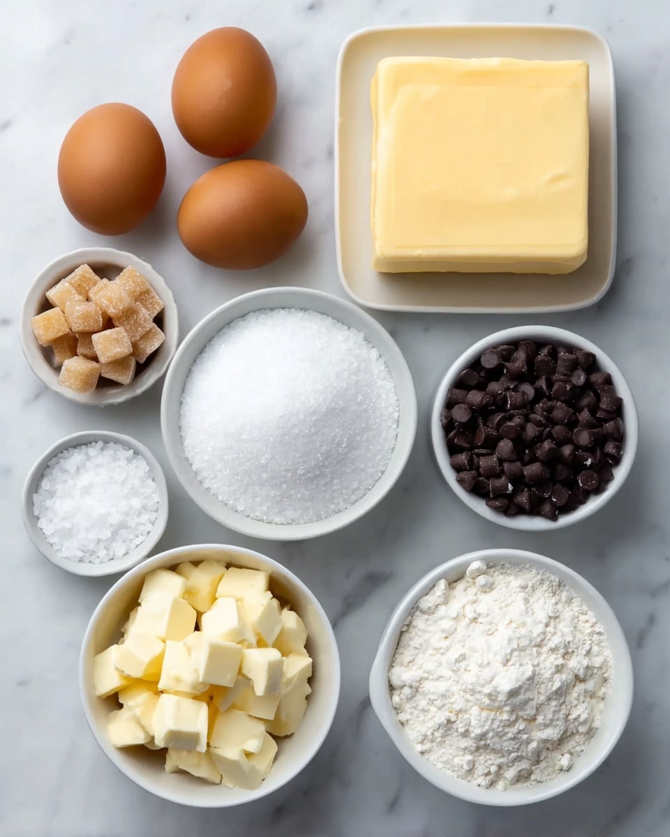 The image shows eight white bowls and plates arranged neatly on a white marbled surface. There are two brown eggs placed directly on the marble. One large white round plate holds a square block of pale yellow butter. Another large white bowl is filled with white flour with a slightly uneven surface. A smaller white bowl contains a white granular ingredient that looks like sugar. Another small bowl holds coarse white salt crystals. There is a small white scalloped bowl filled with small cubes of light yellow butter. A white bowl with black chocolate chips sits next to it, and the last small bowl contains sugar-coated golden brown cubes. The arrangement is simple and clean, with everything evenly spaced. Photo taken with an iphone --ar 4:5 --v 7
