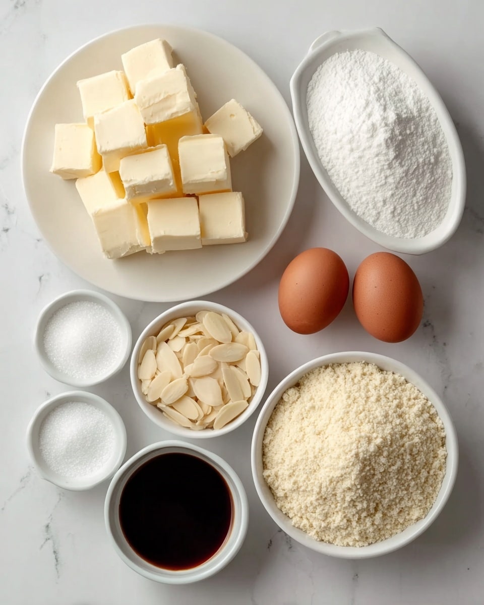 The image shows seven white dishes and three brown eggs arranged on a white marbled surface. In the top left, a white plate holds eleven pale yellow butter cubes stacked randomly. To its right, a white oval bowl contains fine white granulated sugar. Below the butter plate, three brown eggs are placed loosely in a triangle shape. Next to the eggs on the right, a white round bowl is filled with a mound of powdered flour, showing a rough, grainy texture. Below the eggs, a small white round bowl holds extra fine white granulated sugar. To its right, a small white round bowl is filled with dark brown liquid, glossy in texture. Finally, to the far right bottom corner, another small white round bowl contains pale cream-colored thin almond slices stacked loosely. photo taken with an iphone --ar 4:5 --v 7