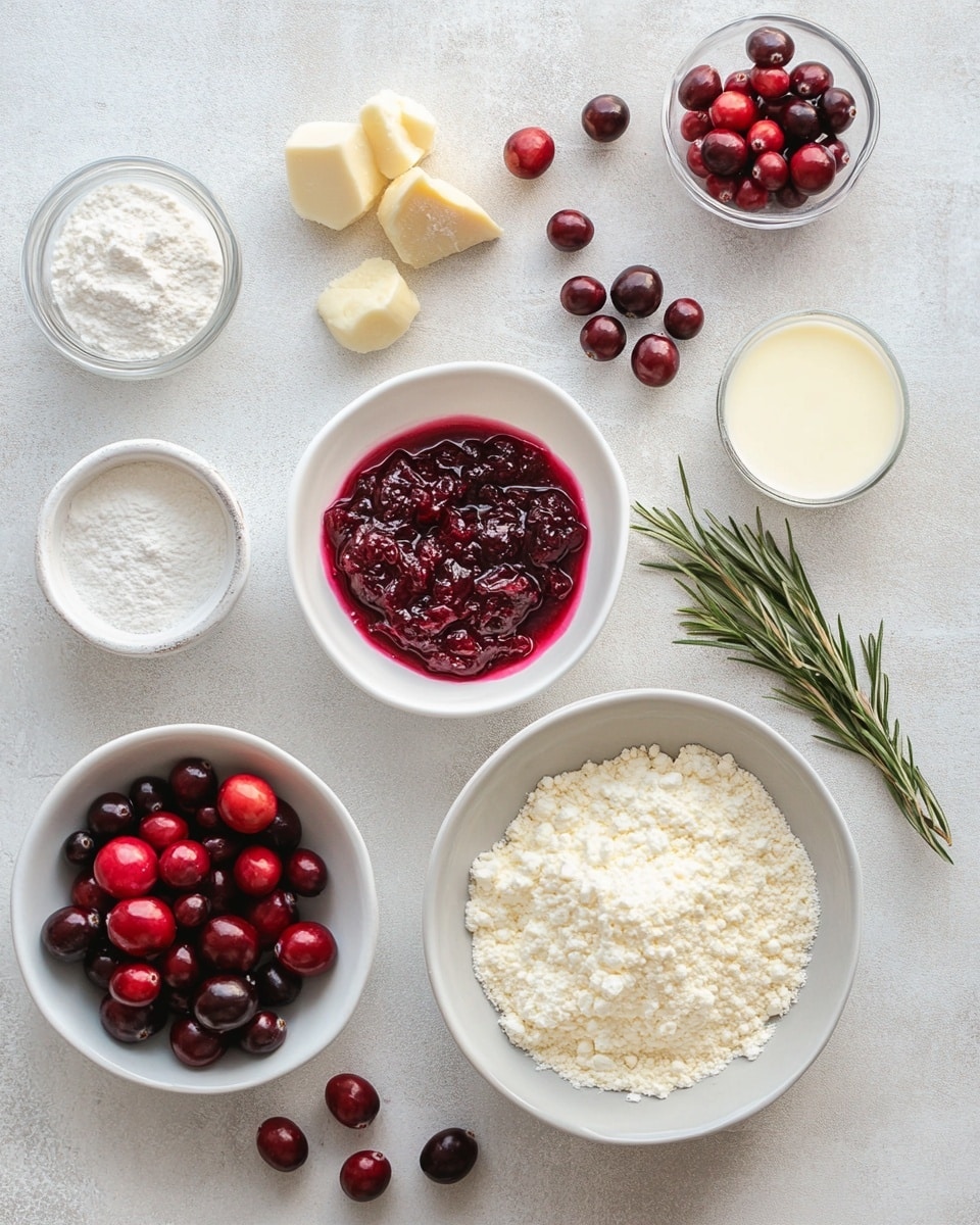 The image shows a four-layer cake placed on a wooden cake stand, with each layer separated by a thick white cream filling and bright red berry jam. The cake is coated with a smooth white frosting that has subtle horizontal ridges around its sides. On top, there are small clusters of frosted red berries and three tall sprigs of frosted green pine arranged upright like small trees. Scattered around the base of the cake on the white marbled surface are more frosted red berries and green pine sprigs. Soft warm fairy lights add a festive glow to the scene. Photo taken with an iphone --ar 4:5 --v 7
